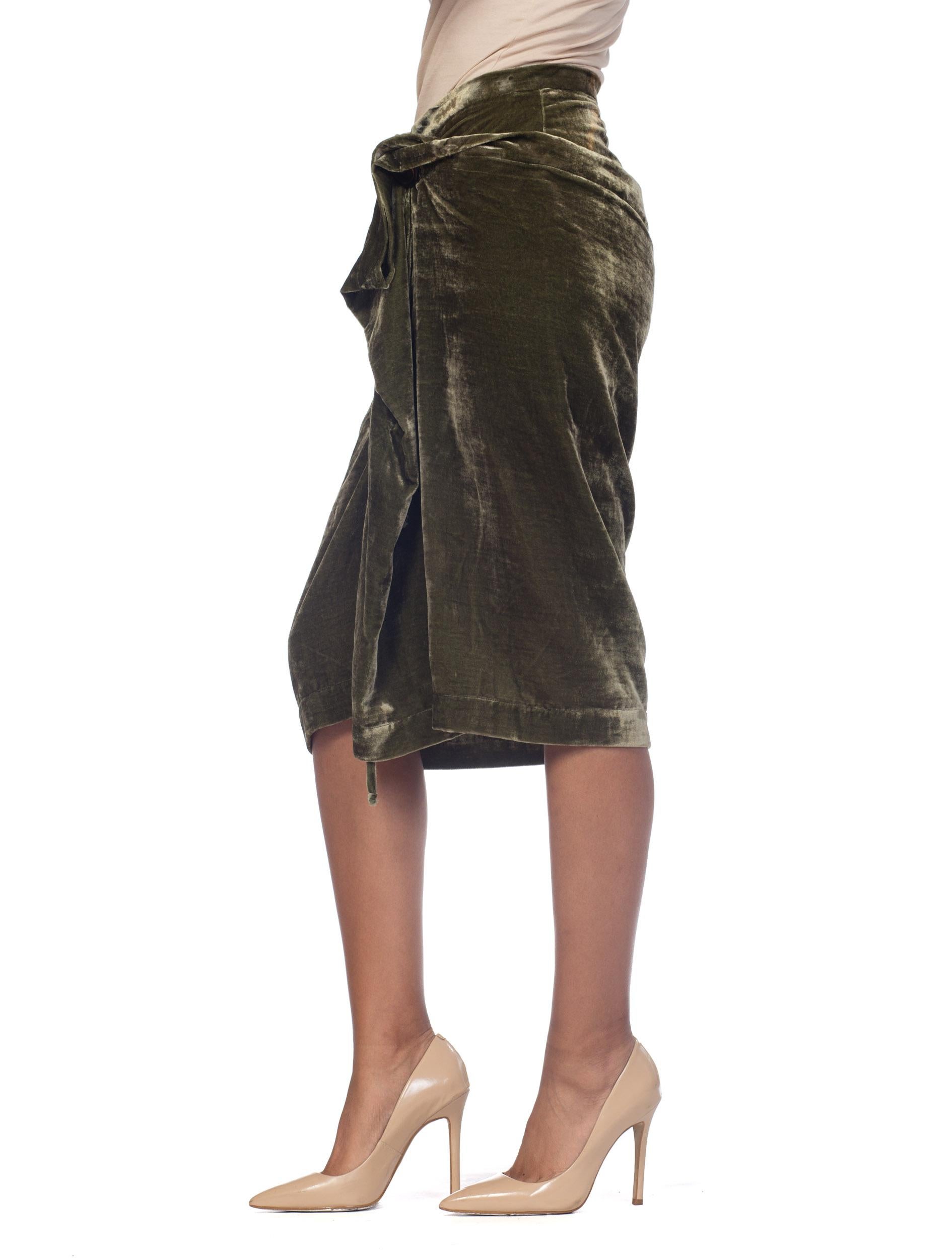 2000S VIVIENNE WESTWOOD Olive Green Silk Blend Velvet Anglomania Draped Skirt N 1