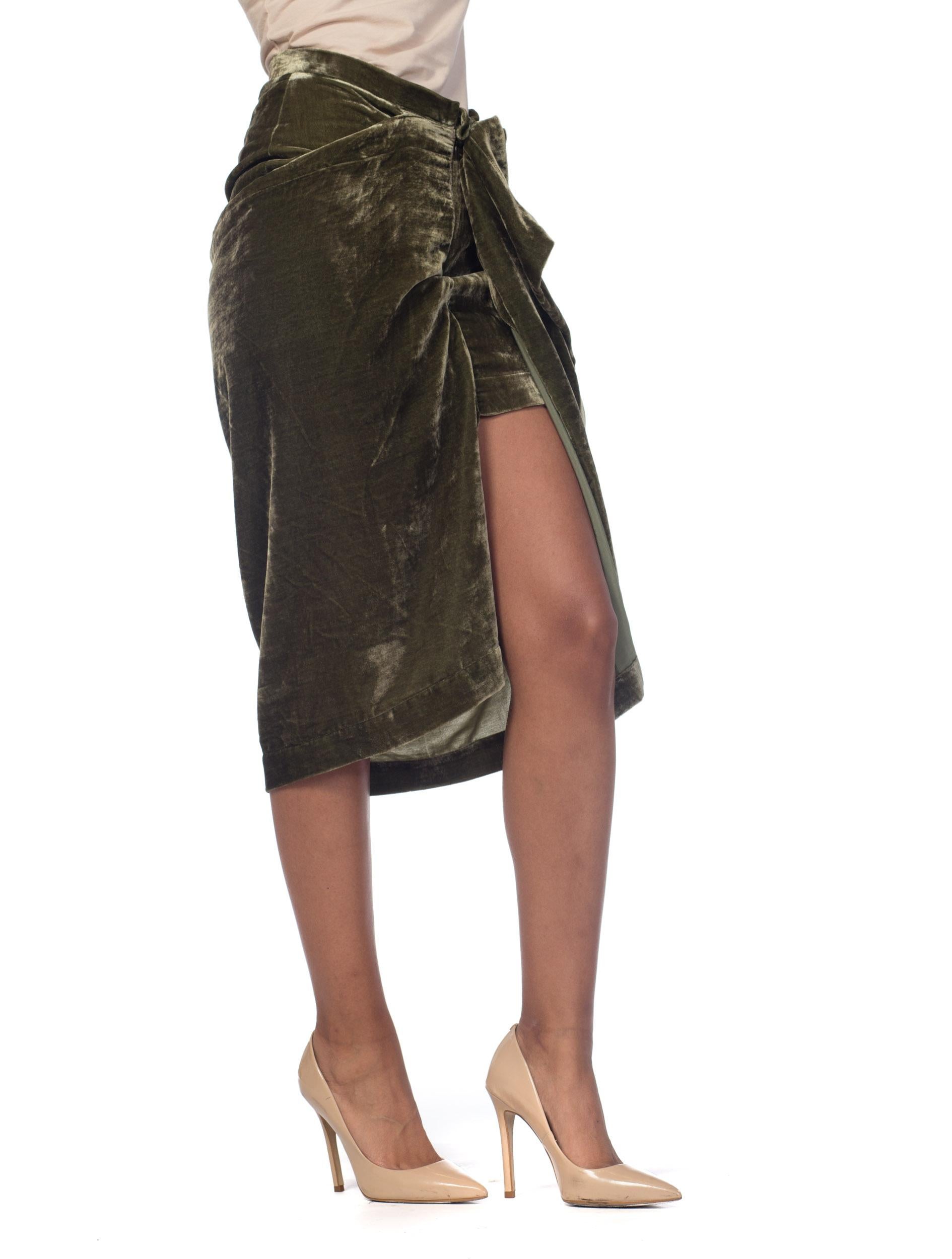 2000S VIVIENNE WESTWOOD Olive Green Silk Blend Velvet Anglomania Draped Skirt N 3