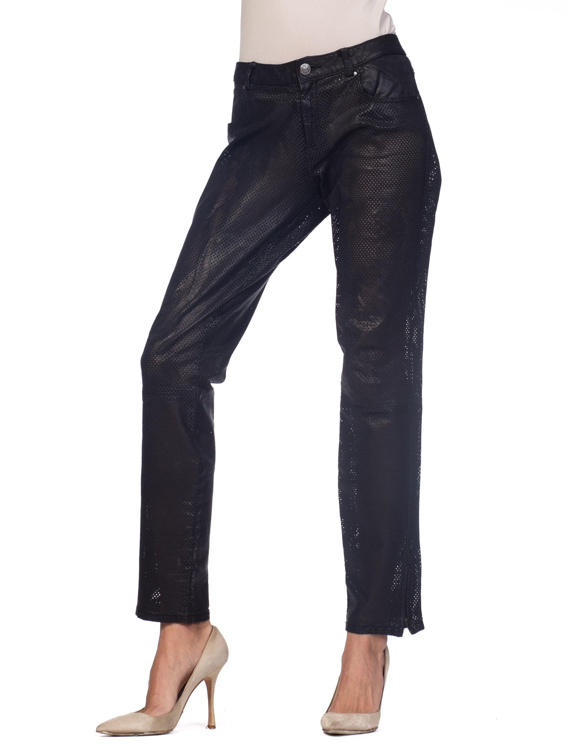 Black Semi Sheer Perforated Leather Pants