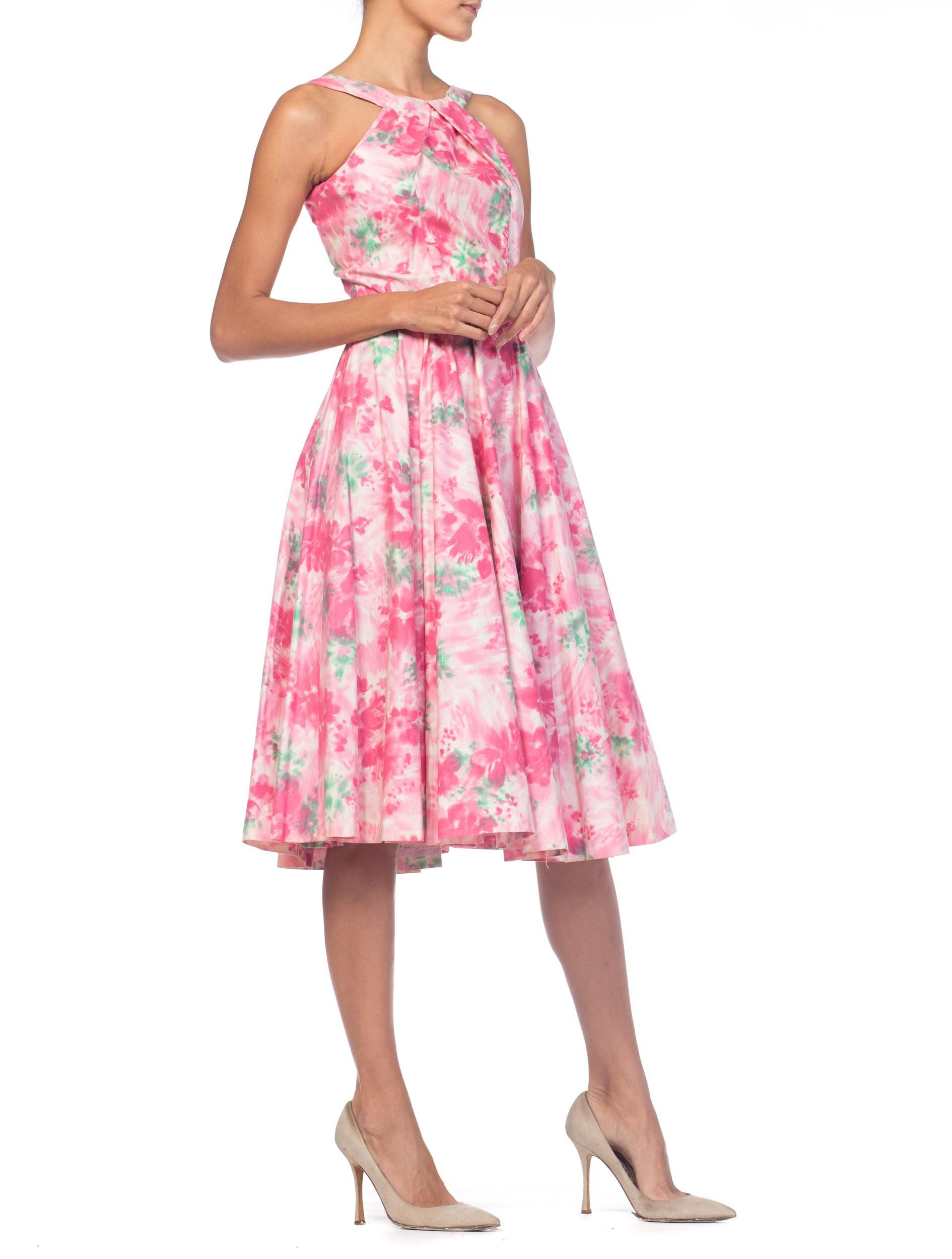 1950er Baumwolle Pastell Rosa Aquarell Floral Kreis Rock Kleid Damen im Angebot