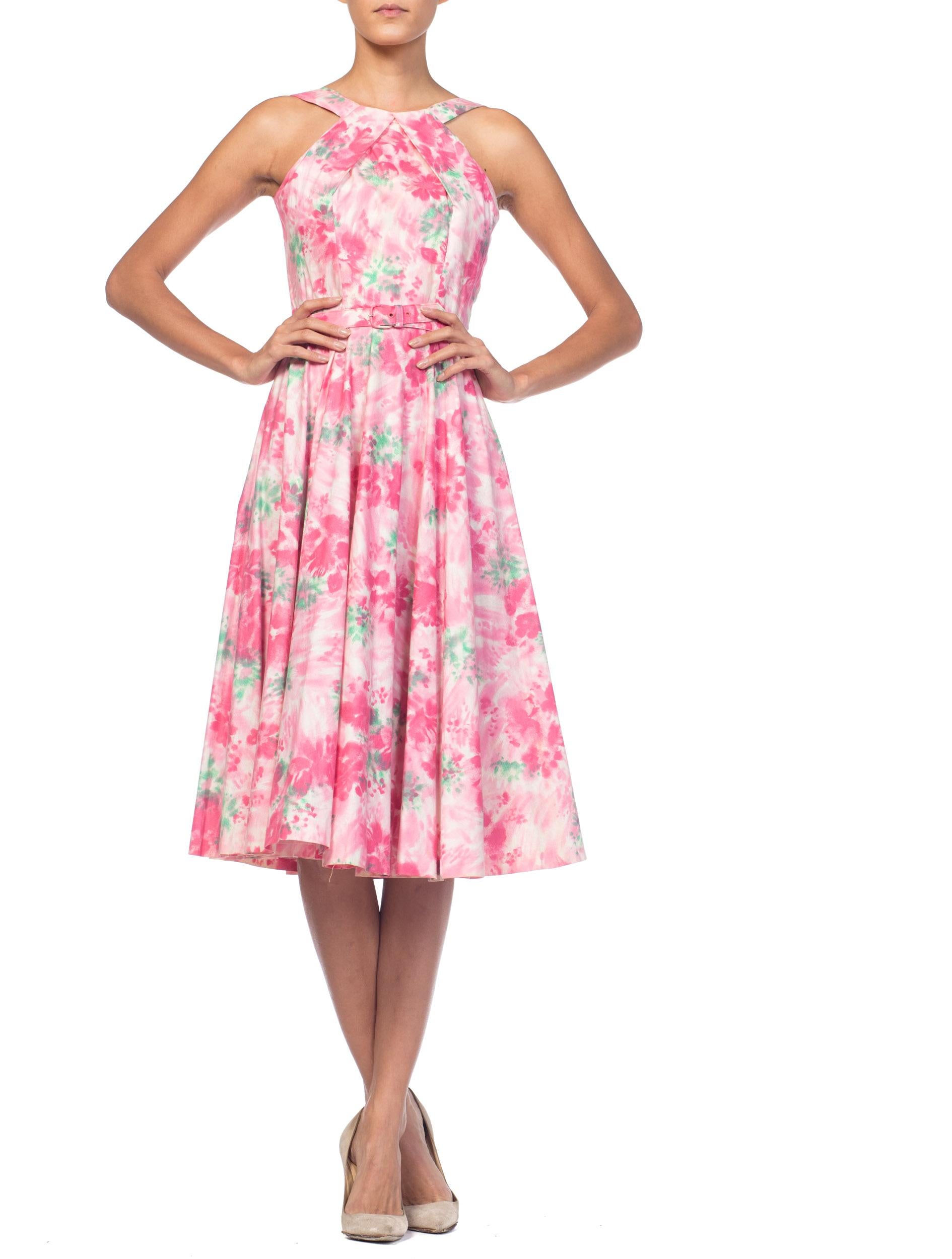 1950er Baumwolle Pastell Rosa Aquarell Floral Kreis Rock Kleid im Angebot 1