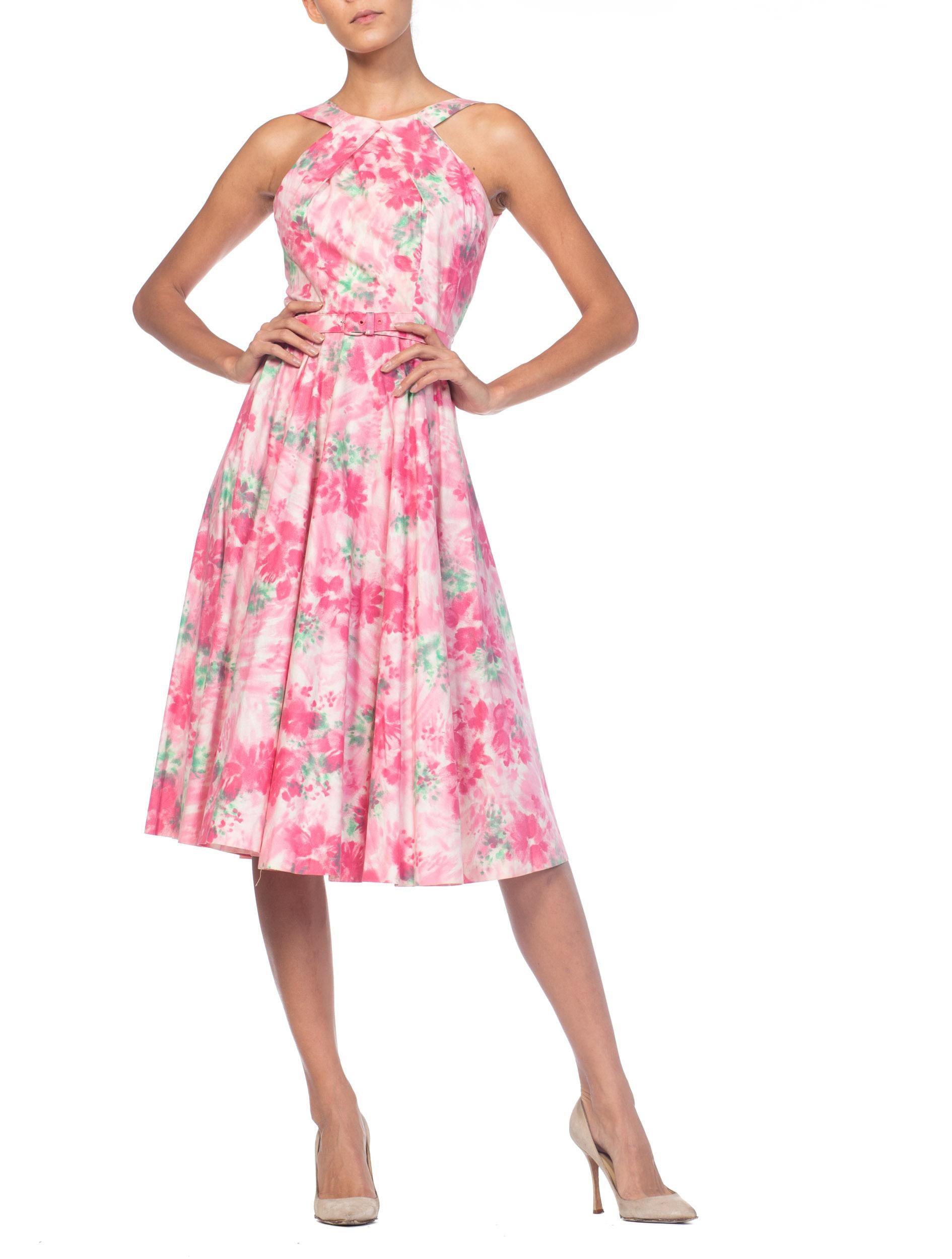 1950er Baumwolle Pastell Rosa Aquarell Floral Kreis Rock Kleid im Angebot 2