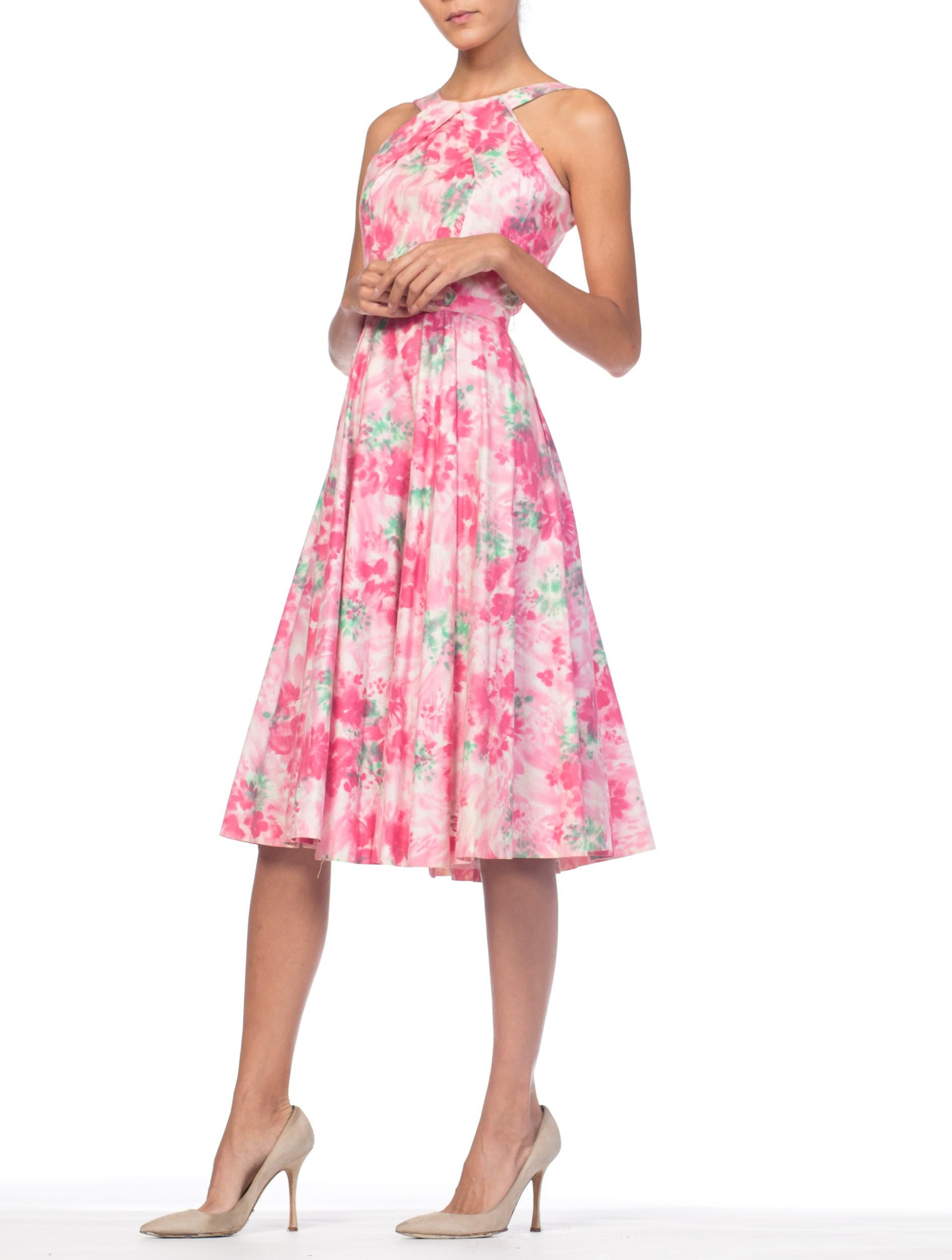 1950er Baumwolle Pastell Rosa Aquarell Floral Kreis Rock Kleid im Angebot 3