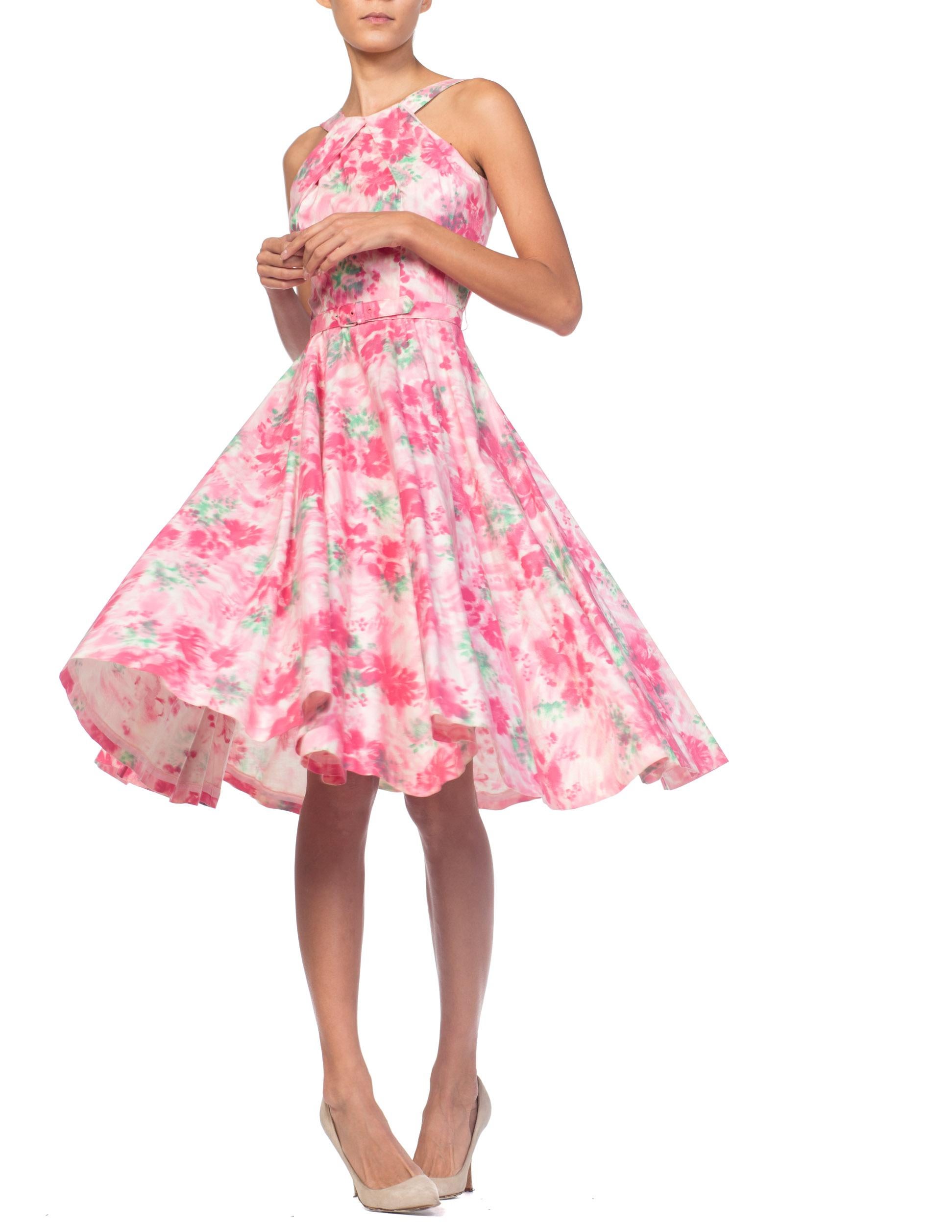 1950er Baumwolle Pastell Rosa Aquarell Floral Kreis Rock Kleid im Angebot 4