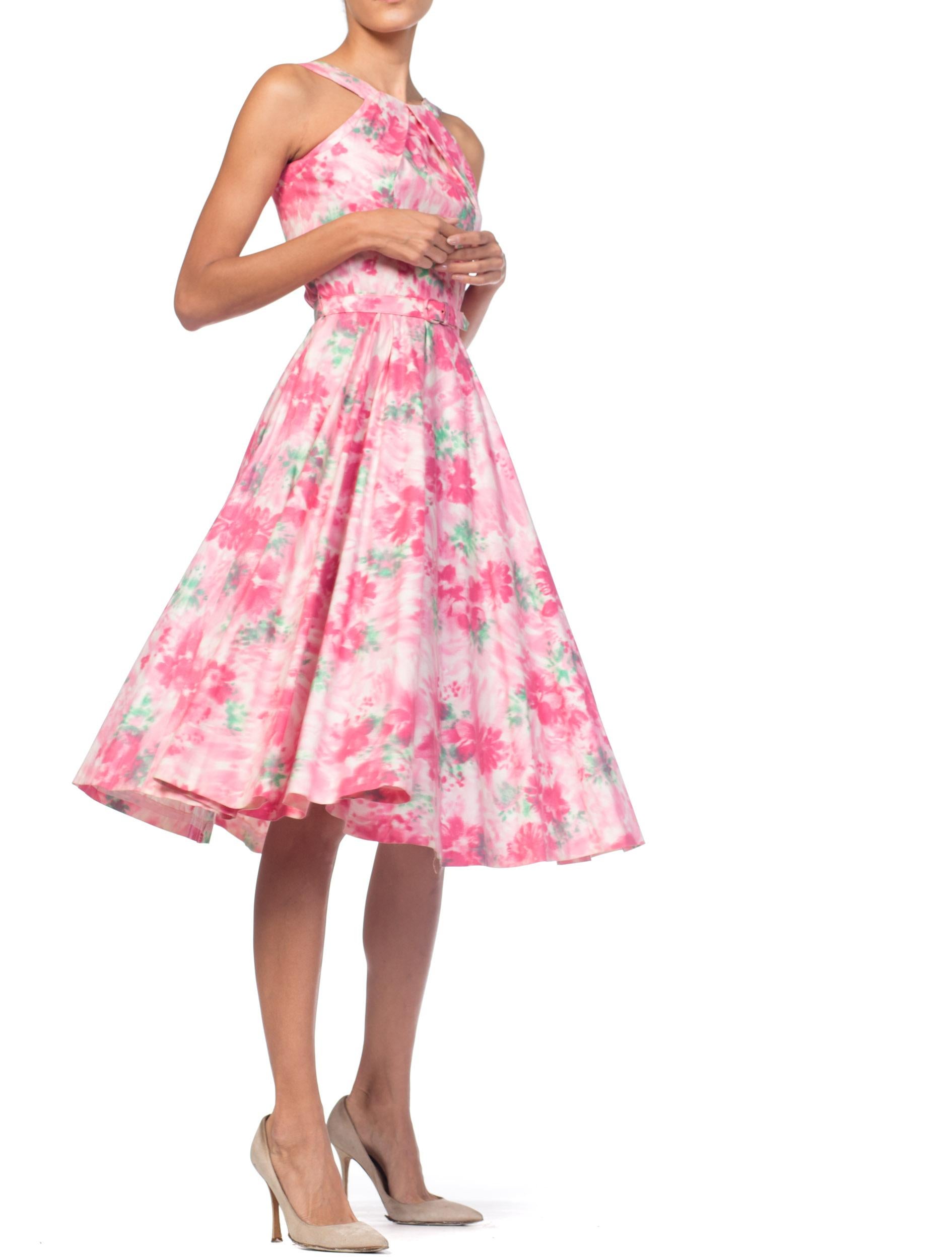 1950S Cotton Pastel Pink Watercolor Floral Circle Skirt Dress For Sale 4
