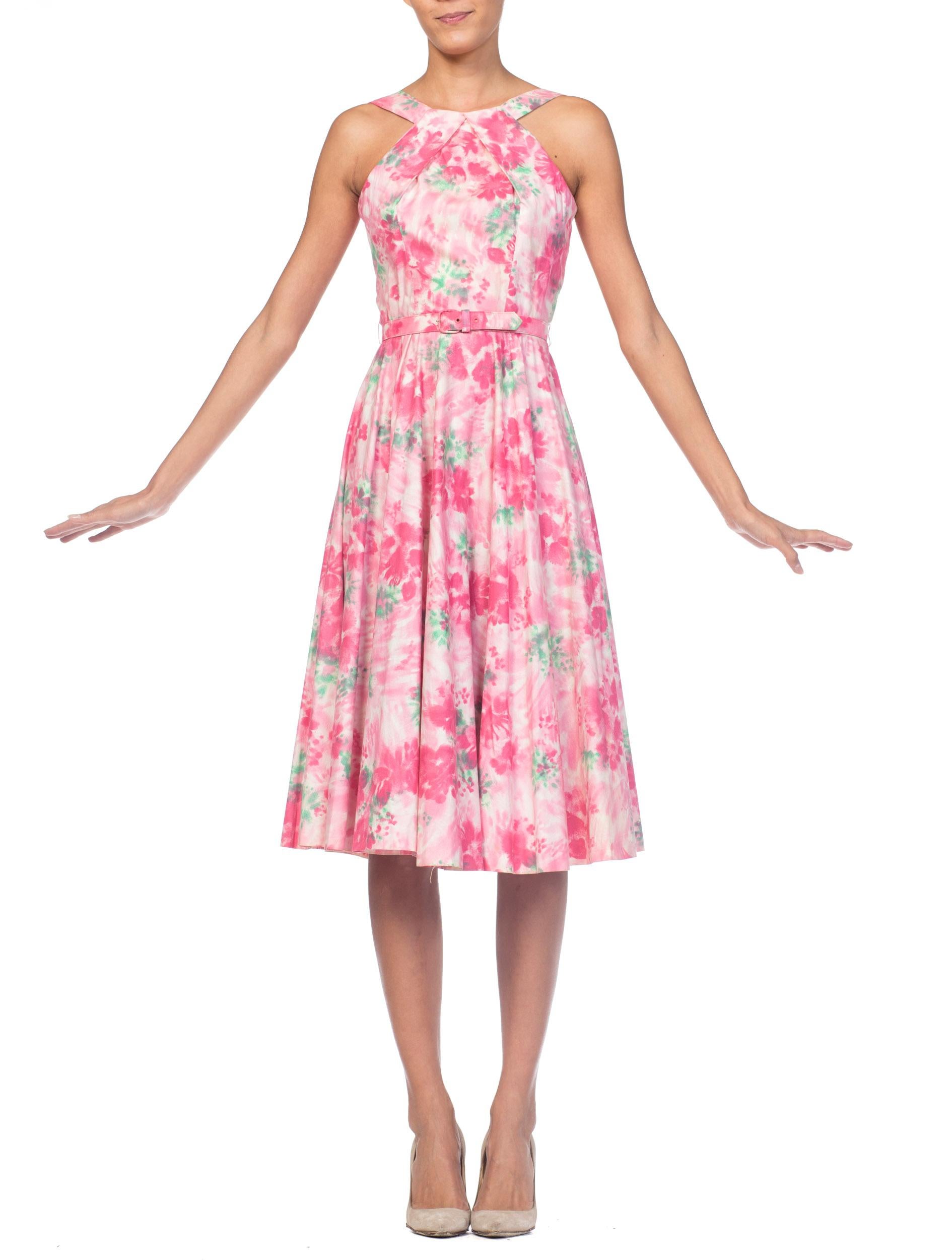 1950er Baumwolle Pastell Rosa Aquarell Floral Kreis Rock Kleid im Angebot 6
