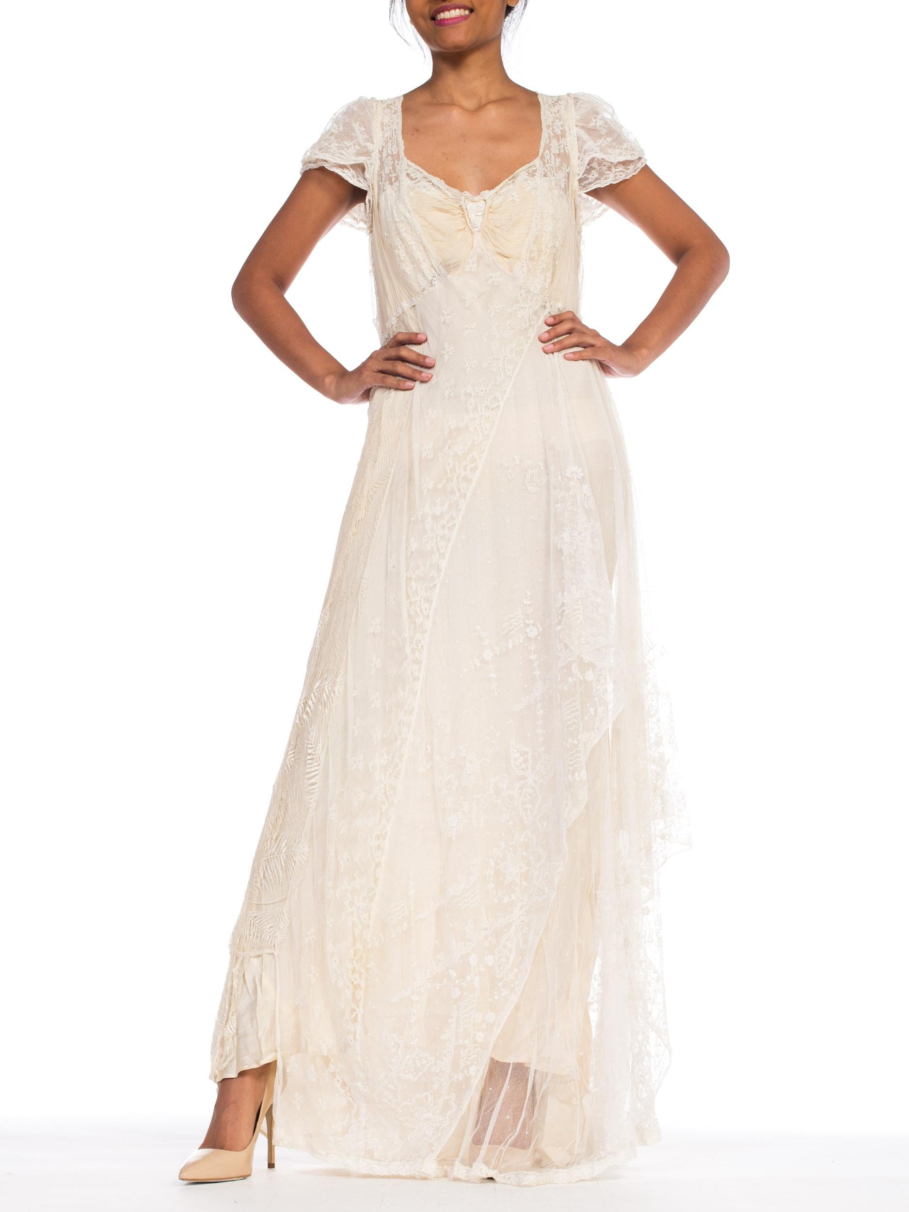 Beige 1930S Ivory Bias Cut Silk & Antique Edwardian Bridal Lace  Gown XL