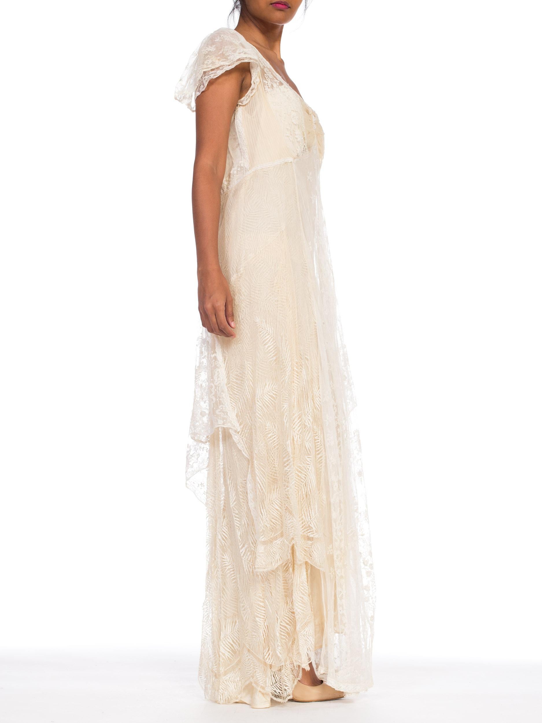 1930S Ivory Bias Cut Silk & Antique Edwardian Bridal Lace  Gown XL 2