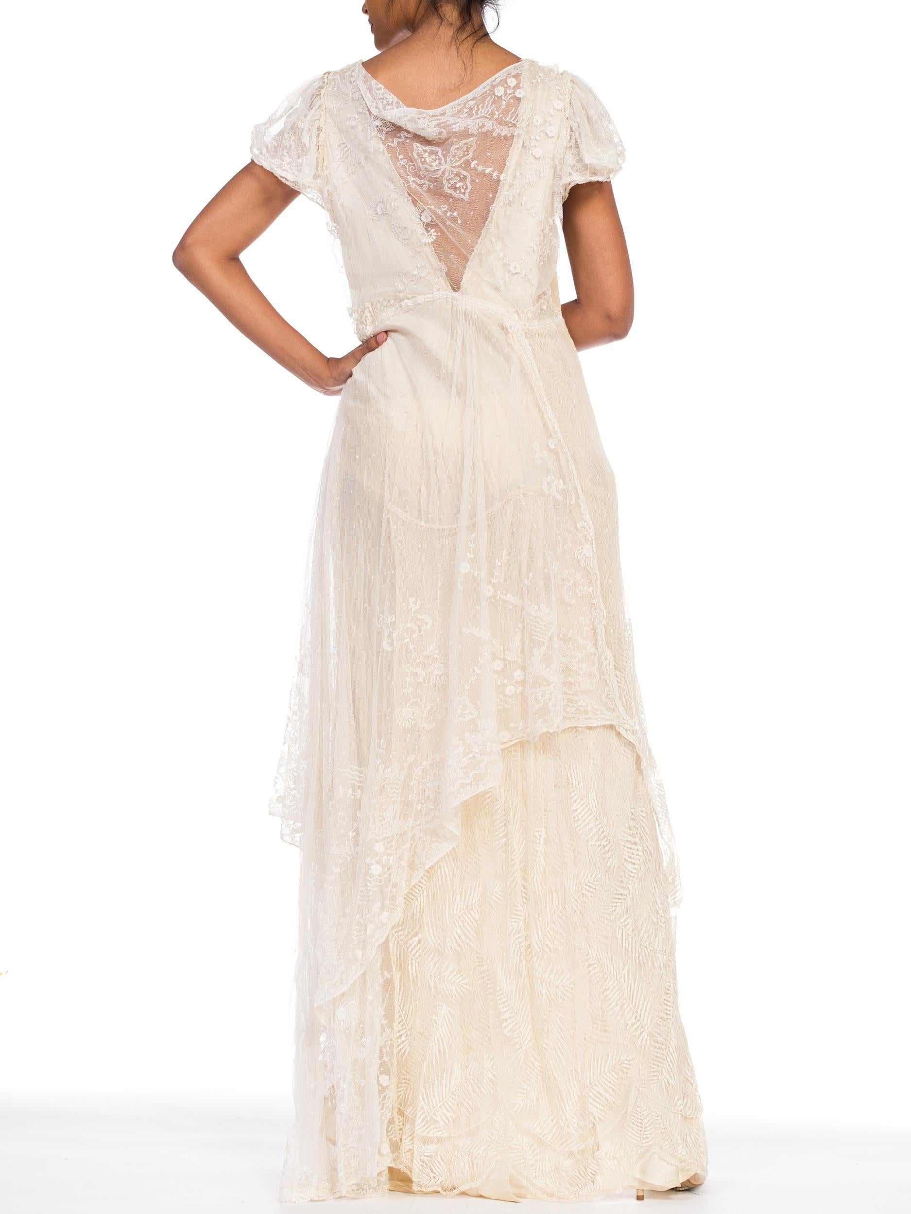 1930S Ivory Bias Cut Silk & Antique Edwardian Bridal Lace  Gown XL 3