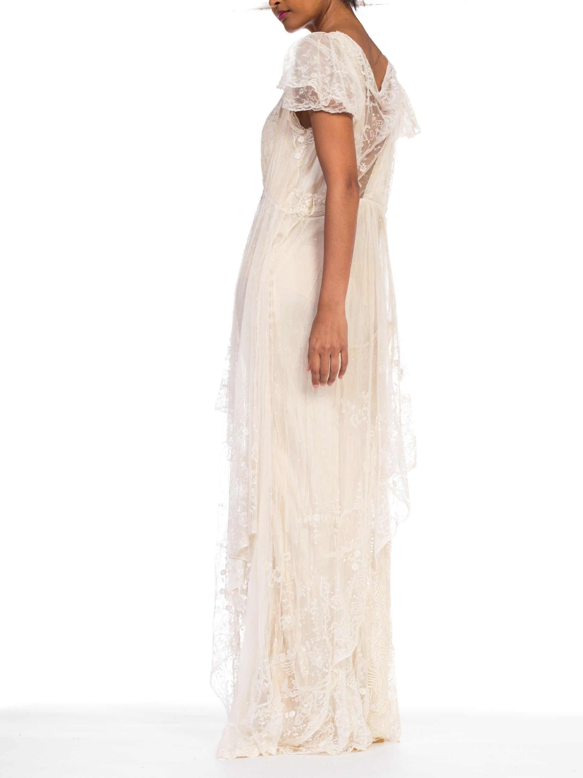 1930S Ivory Bias Cut Silk & Antique Edwardian Bridal Lace  Gown XL 4