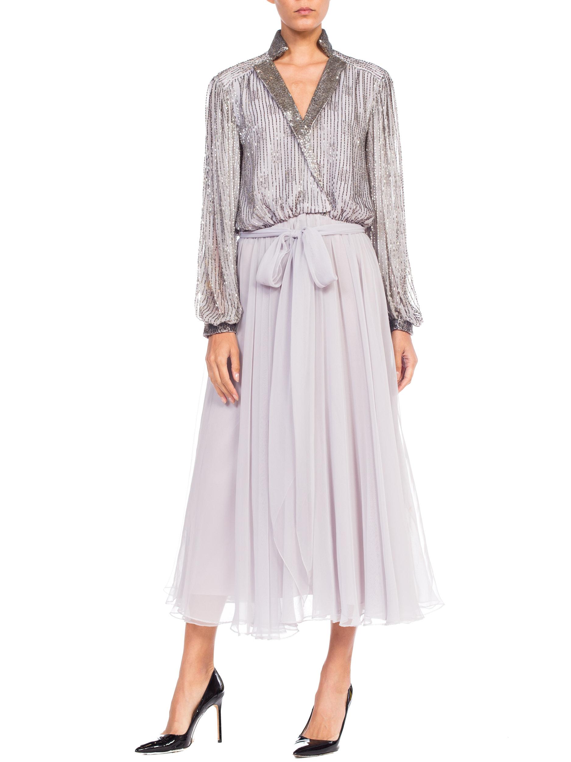 Gray 1970S  Grey Polyester Chiffon Low-Cut Beaded Tea Length Gown With Baloon Sleeves