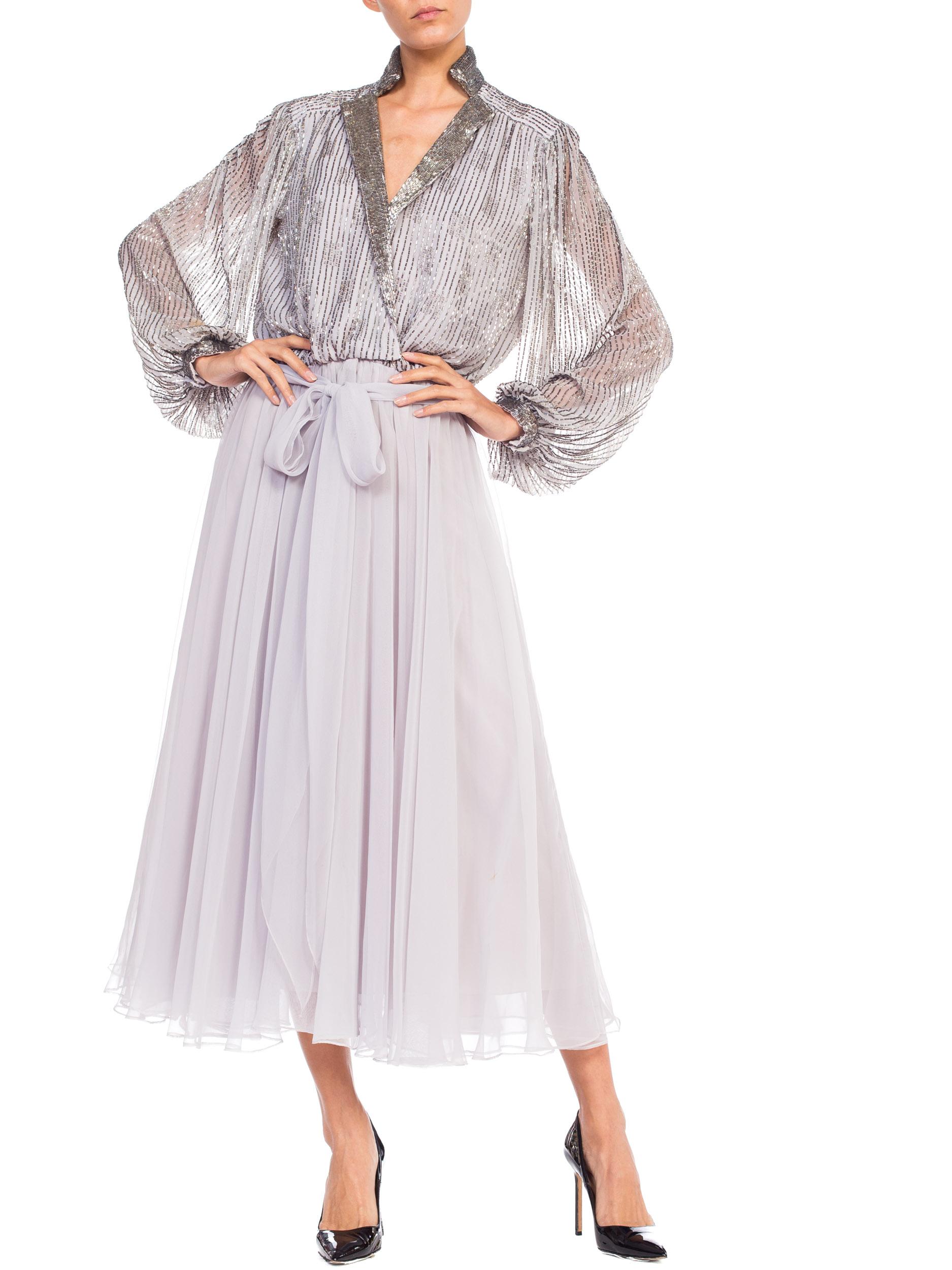 1970S  Grey Polyester Chiffon Low-Cut Beaded Tea Length Gown With Baloon Sleeves In Excellent Condition In New York, NY