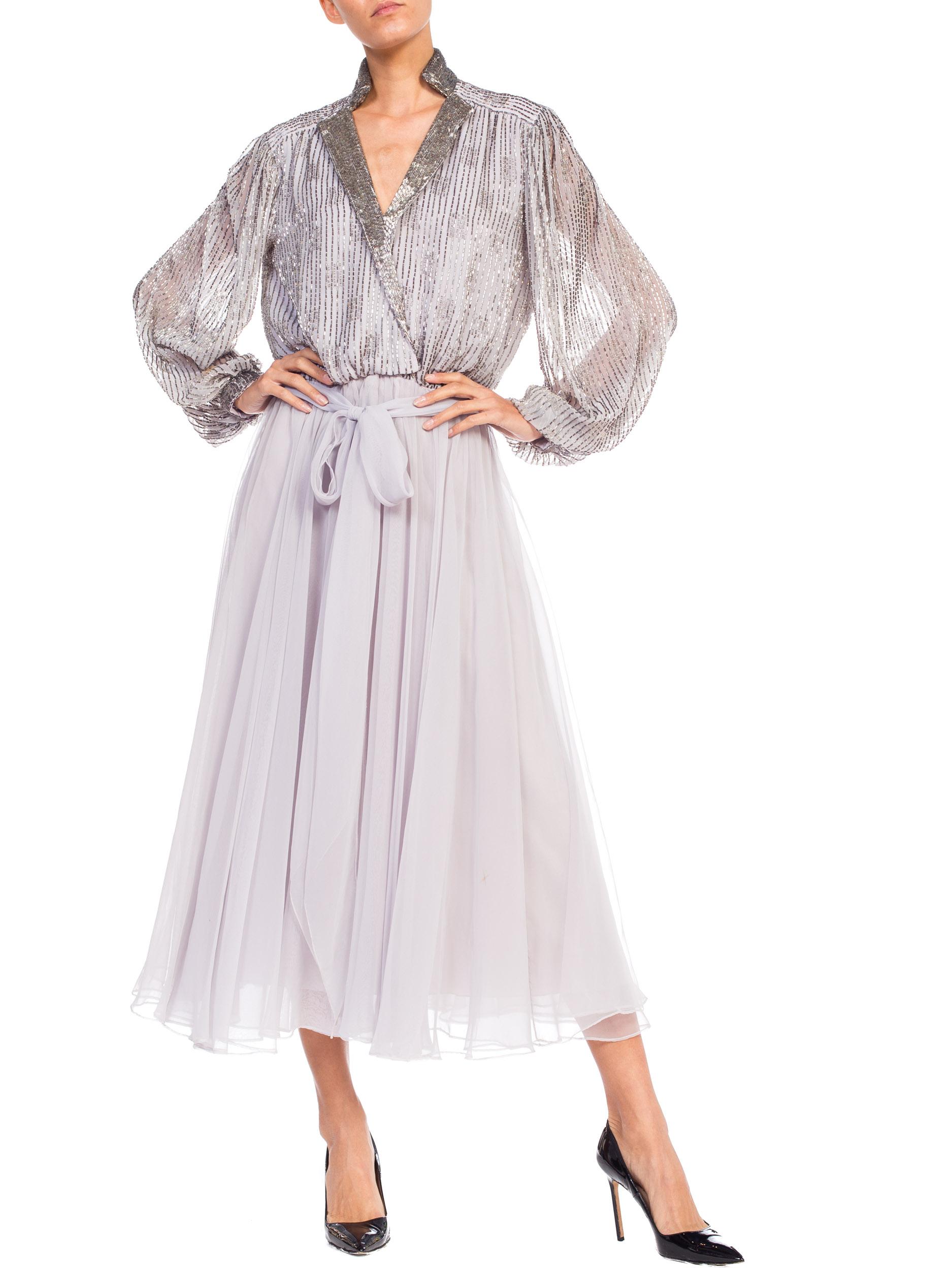 1970S  Grey Polyester Chiffon Low-Cut Beaded Tea Length Gown With Baloon Sleeves 6
