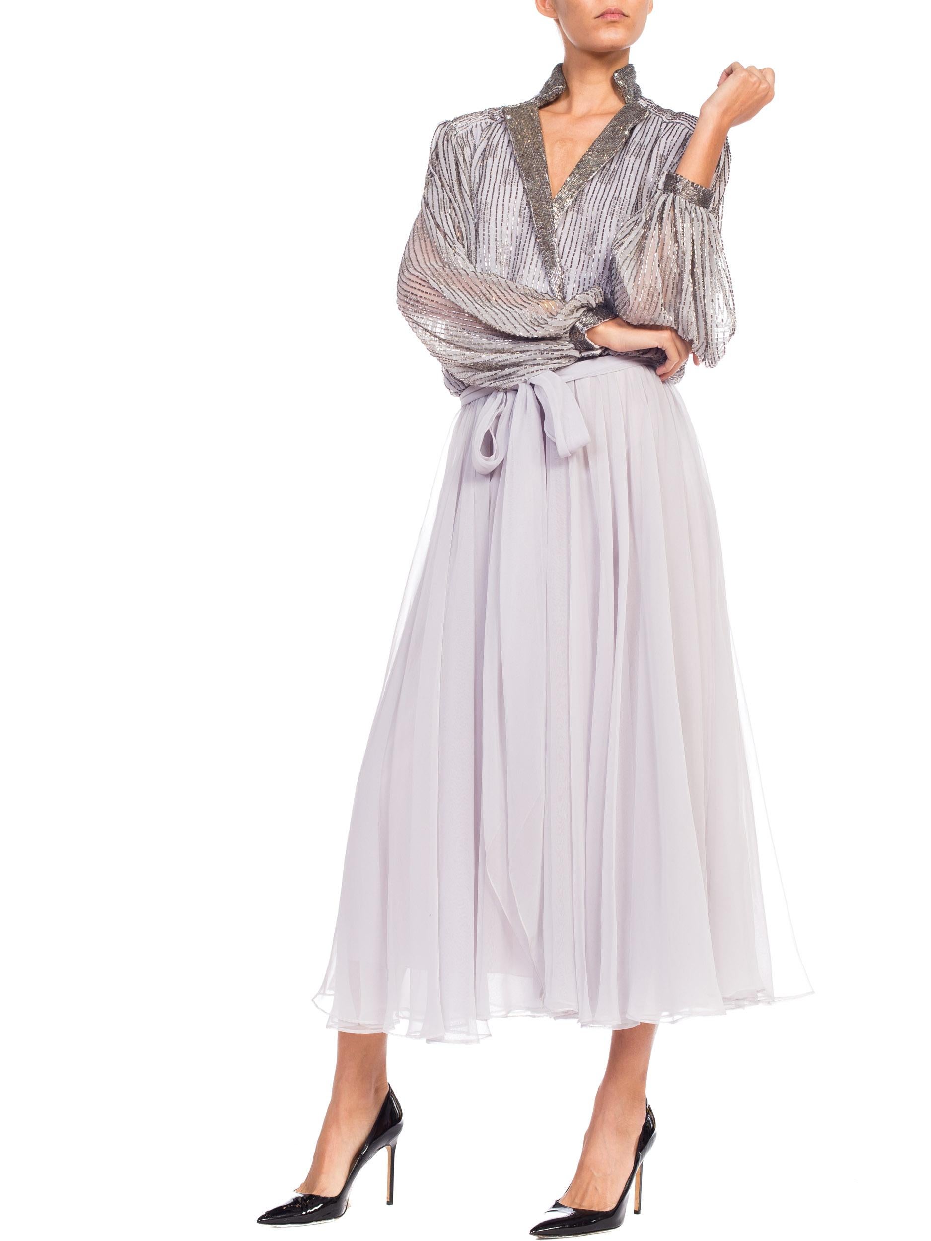 1970S  Grey Polyester Chiffon Low-Cut Beaded Tea Length Gown With Baloon Sleeves 7