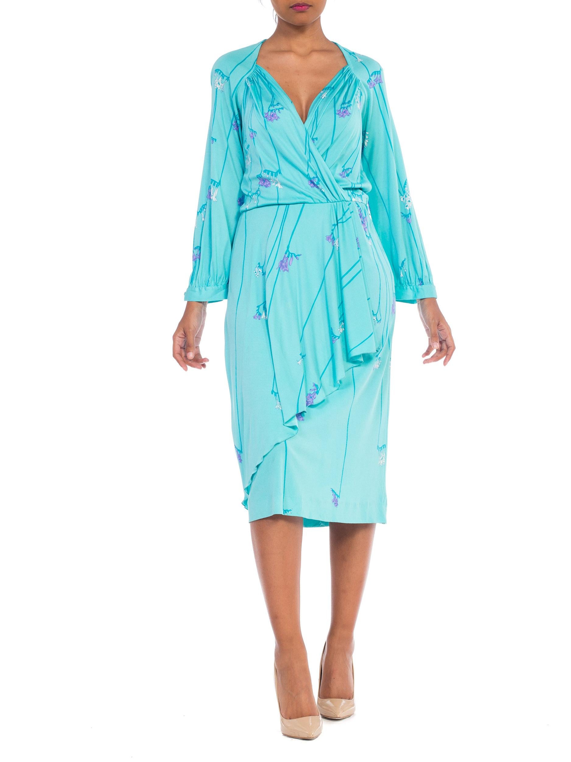 1970S DE PARISINI Aqua  Blue Silk Jersey Floral Dress Made In Italy In Excellent Condition For Sale In New York, NY