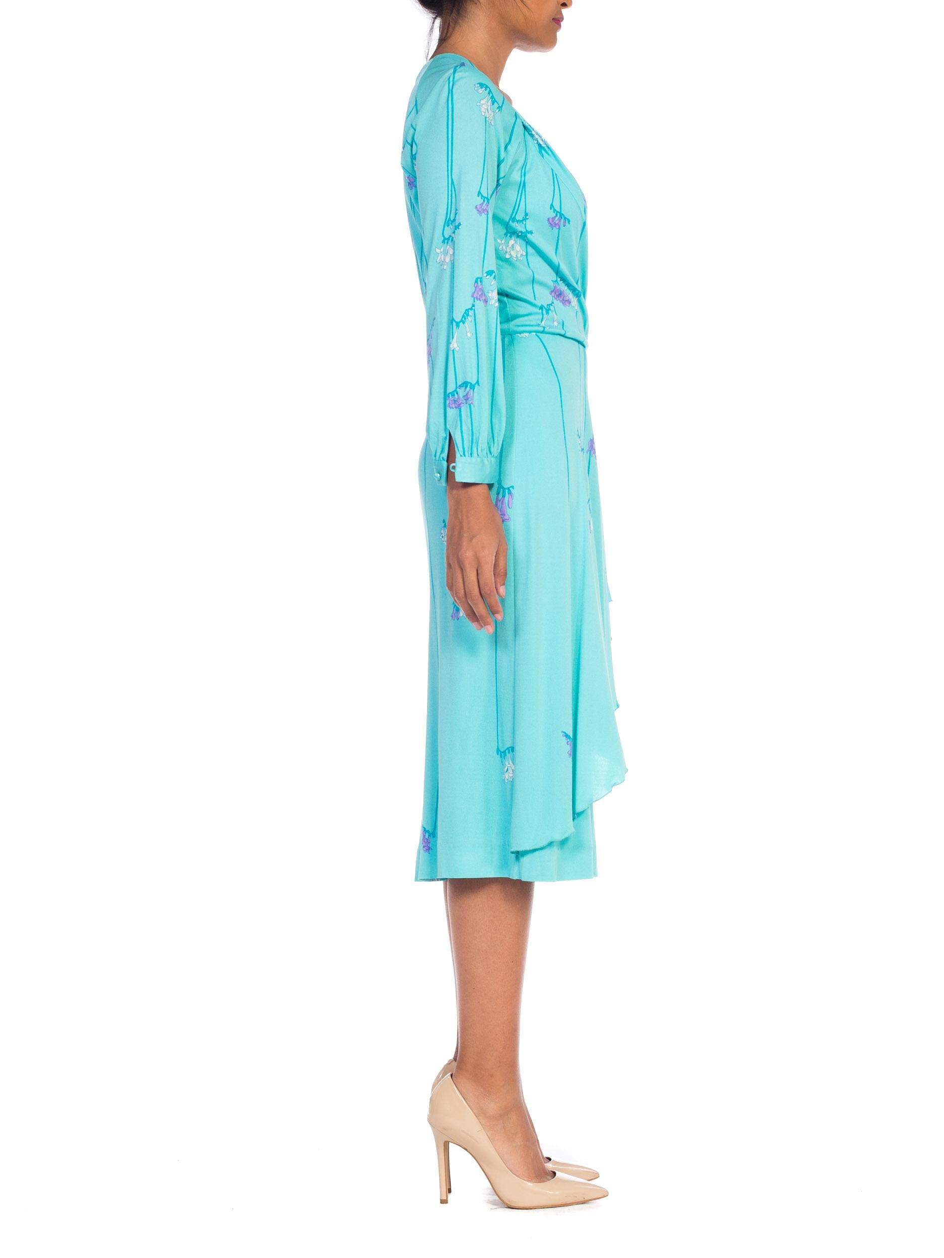 1970S DE PARISINI Aqua  Blue Silk Jersey Floral Dress Made In Italy For Sale 4
