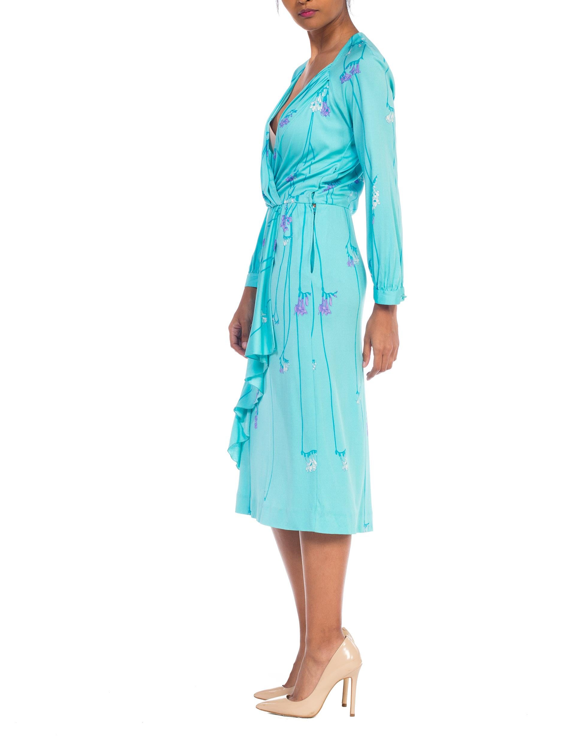 1970S DE PARISINI Aqua  Blue Silk Jersey Floral Dress Made In Italy For Sale 7