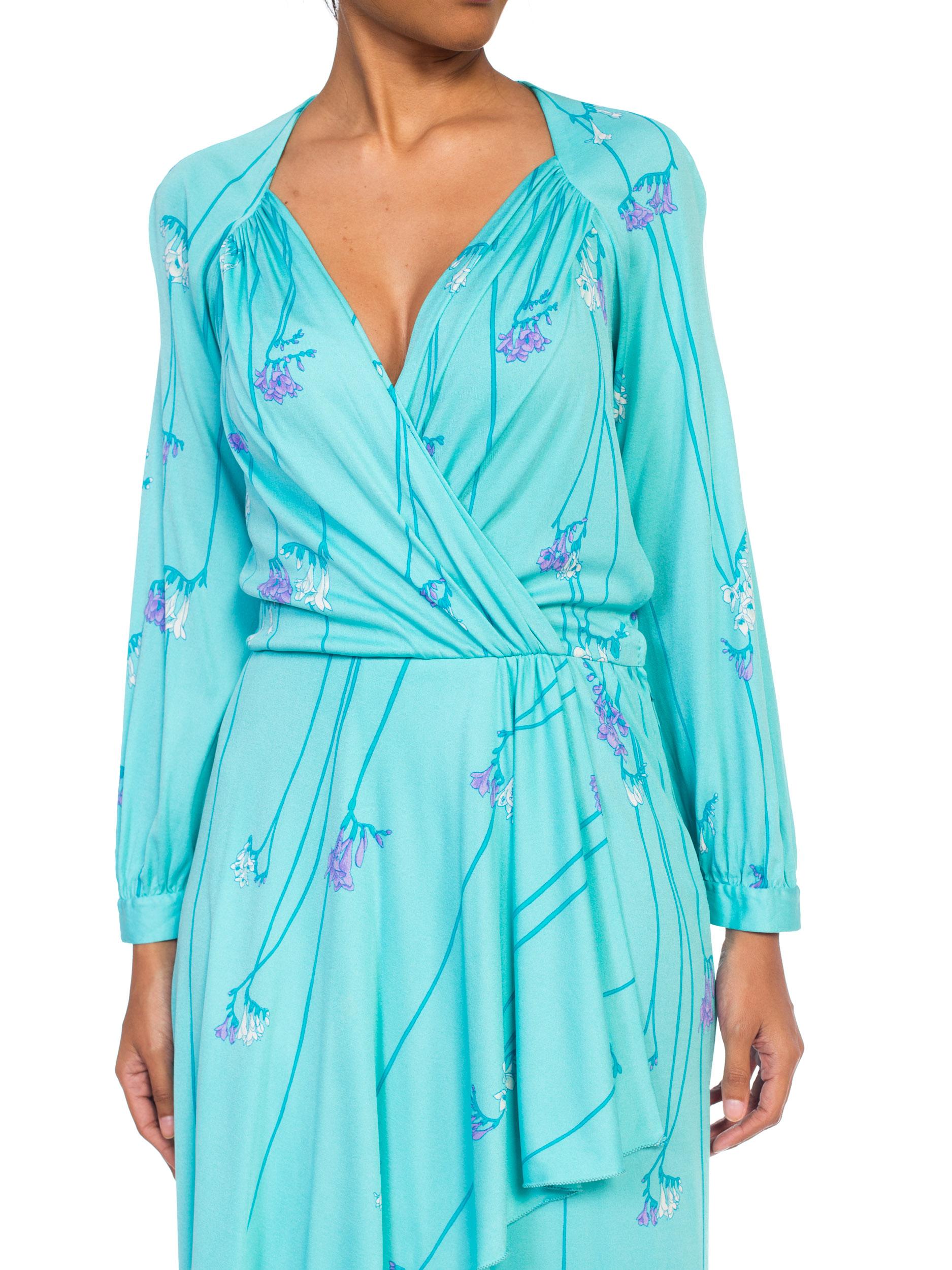 1970S DE PARISINI Aqua  Blue Silk Jersey Floral Dress Made In Italy For Sale 9