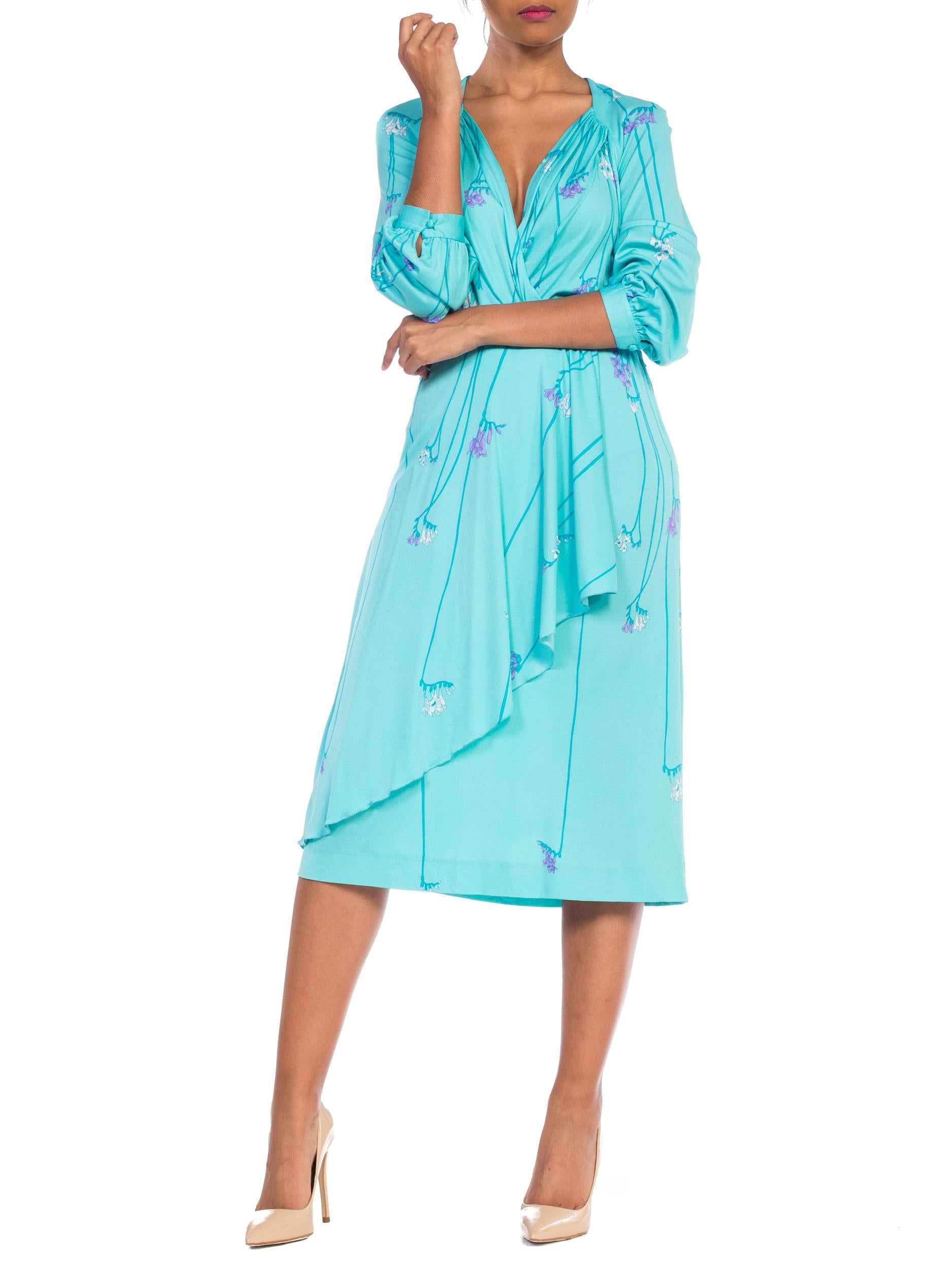 1970S DE PARISINI Aqua  Blue Silk Jersey Floral Dress Made In Italy For Sale 10