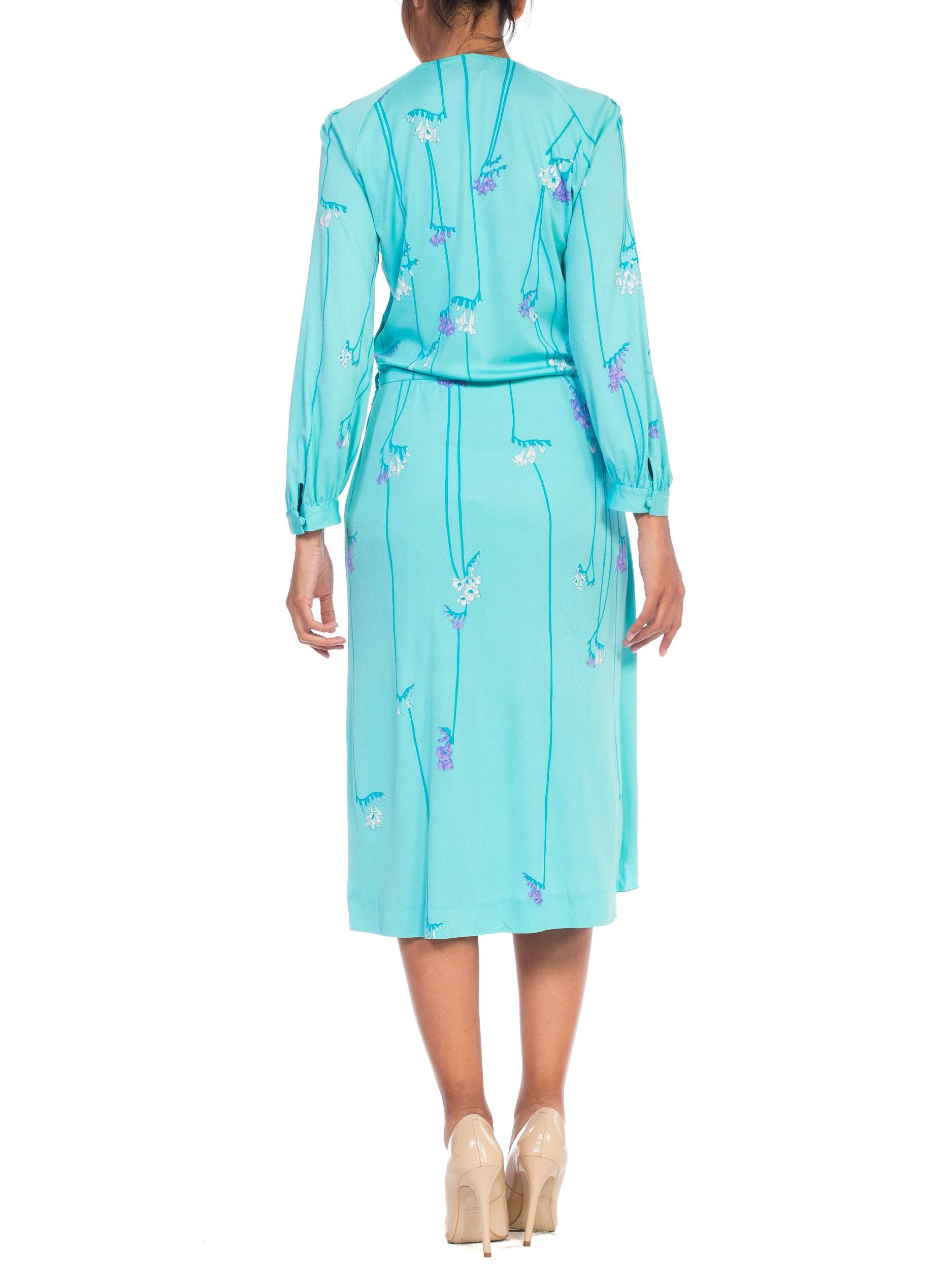 1970S DE PARISINI Aqua  Blue Silk Jersey Floral Dress Made In Italy For Sale 11