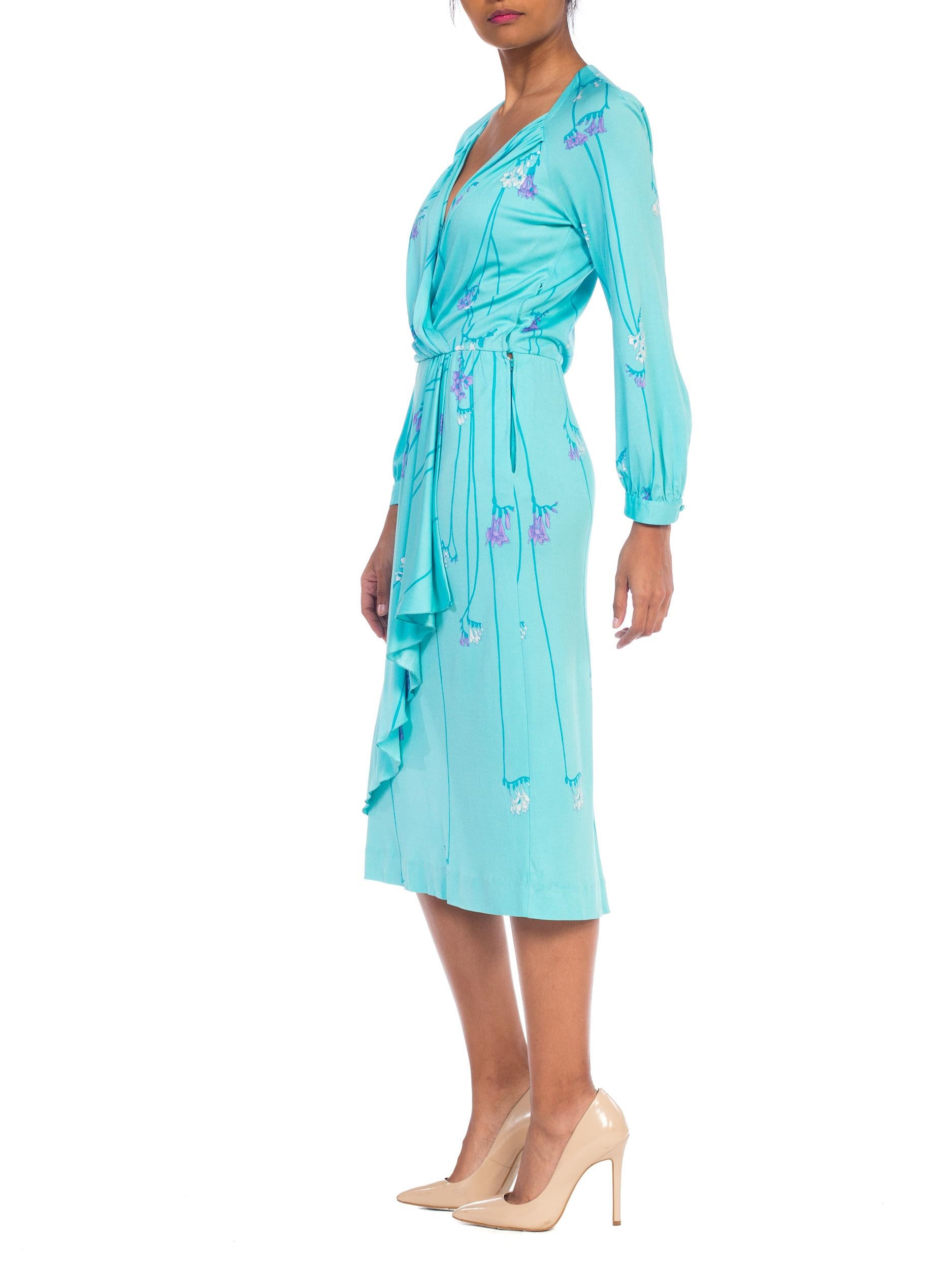 1970S DE PARISINI Aqua  Blue Silk Jersey Floral Dress Made In Italy For Sale 13
