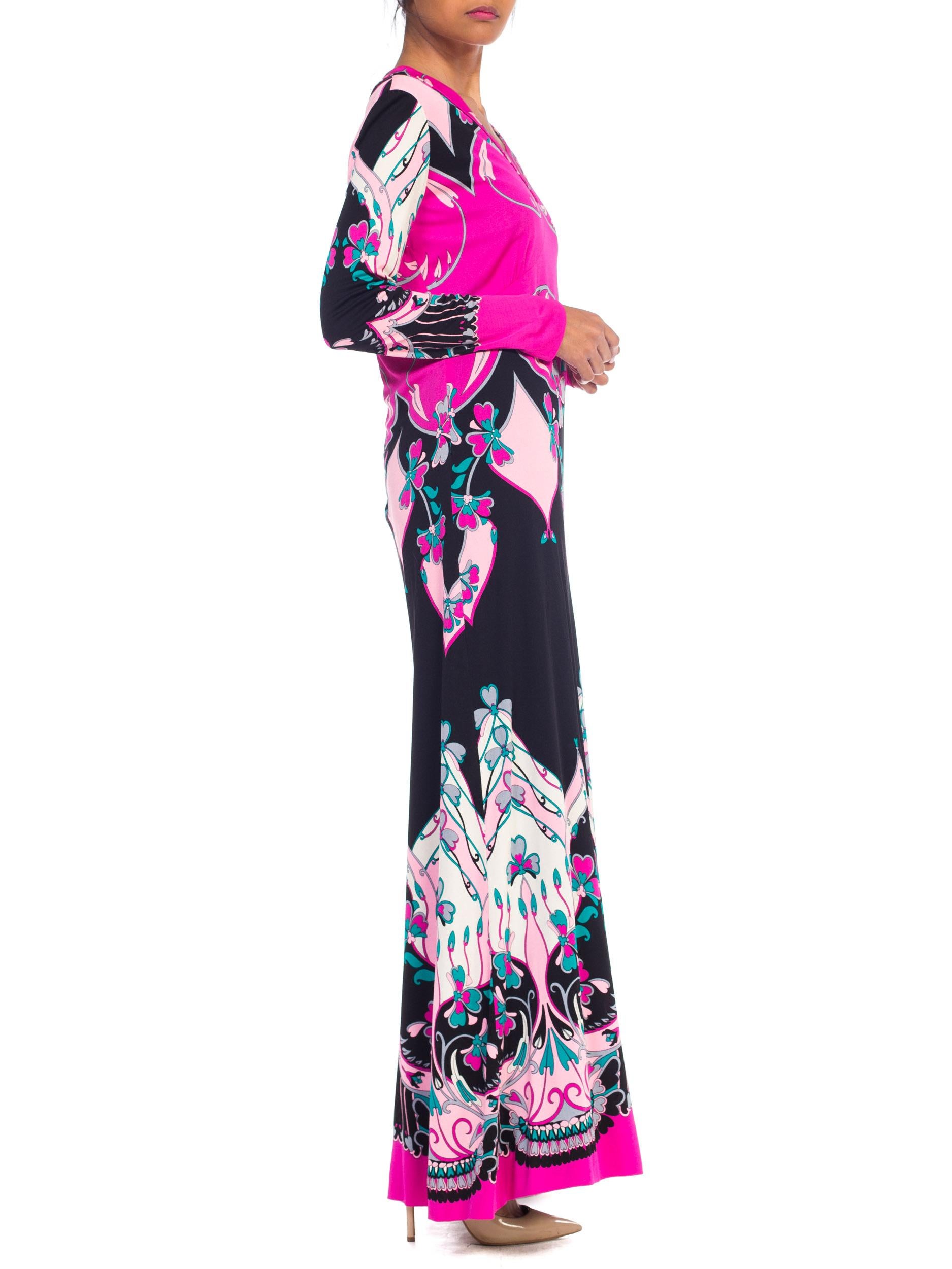 Women's 1970S ROLAND's OF ROME Pink  & Black Silk Jersey Pucci Leonard Style Long Sleev