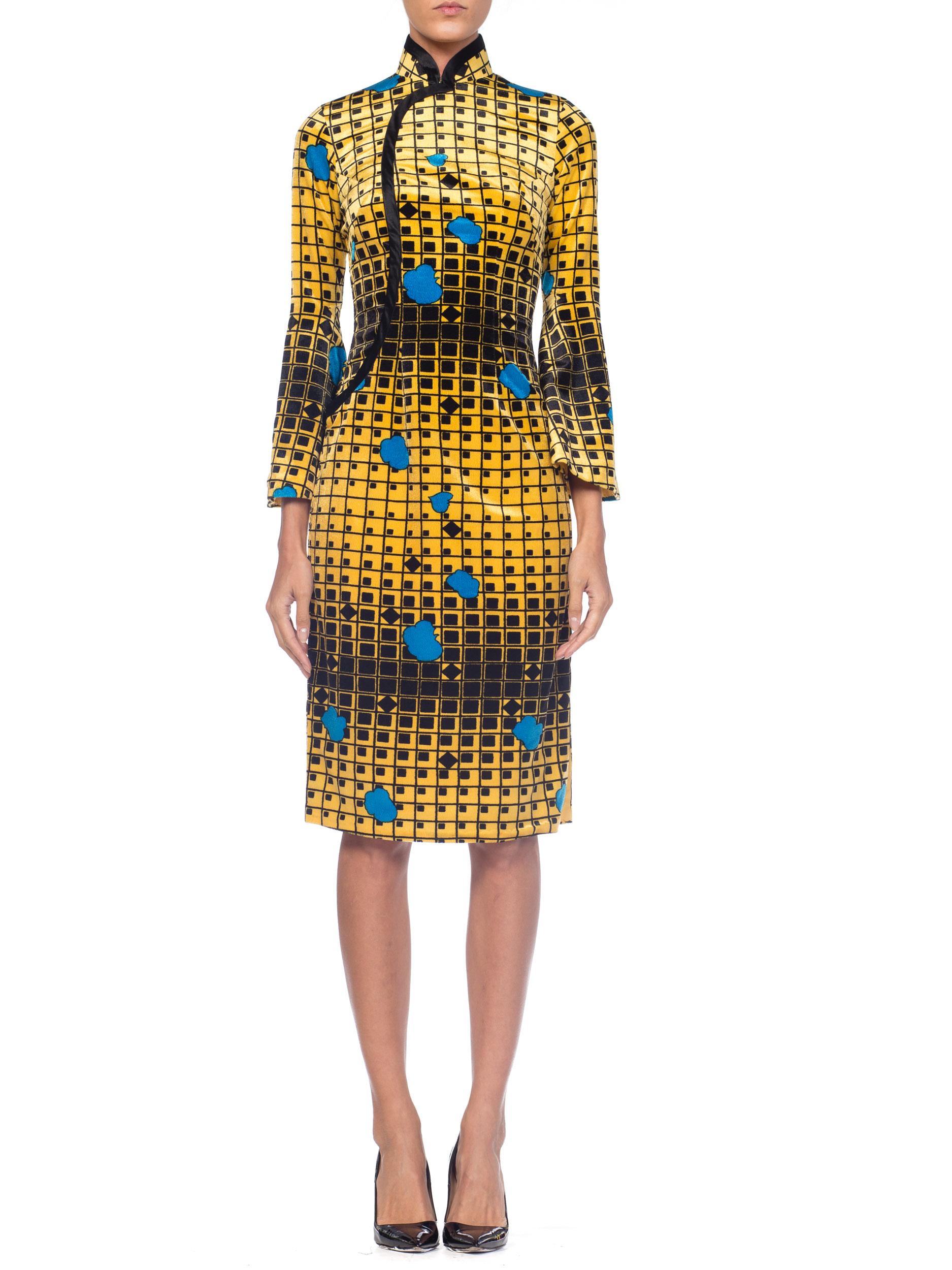 Beige 1960S Mod Chinesse Geometric Silk Velvet  Dress