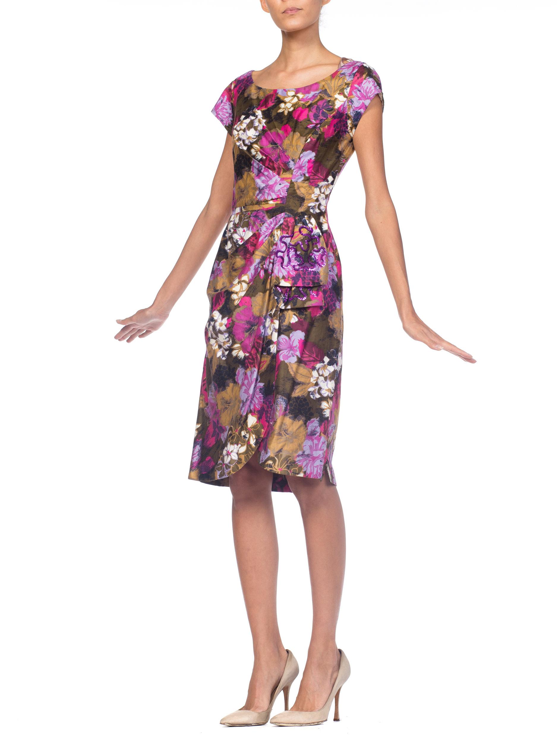 Brown 1950S Purple Floral Cotton Draped Sateen Dress With Sequin Details For Sale