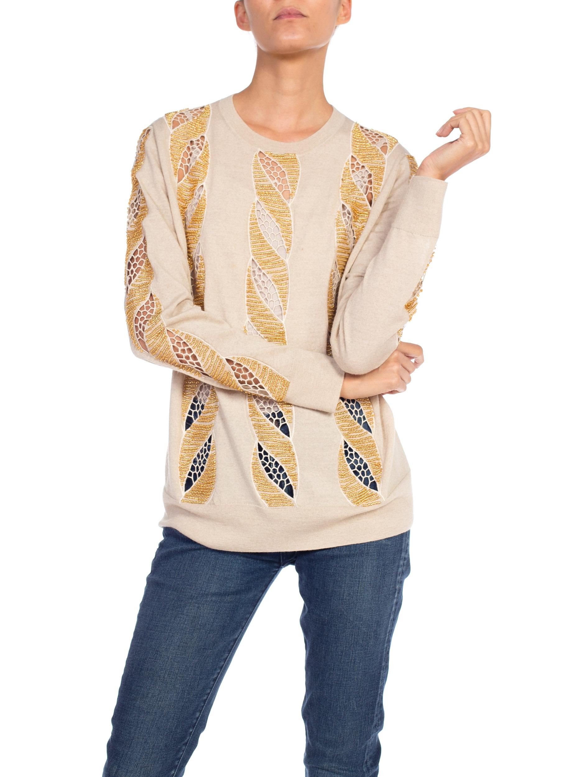 Women's Dries Van Noten Lace Cut Out Gold Beaded Sweater 