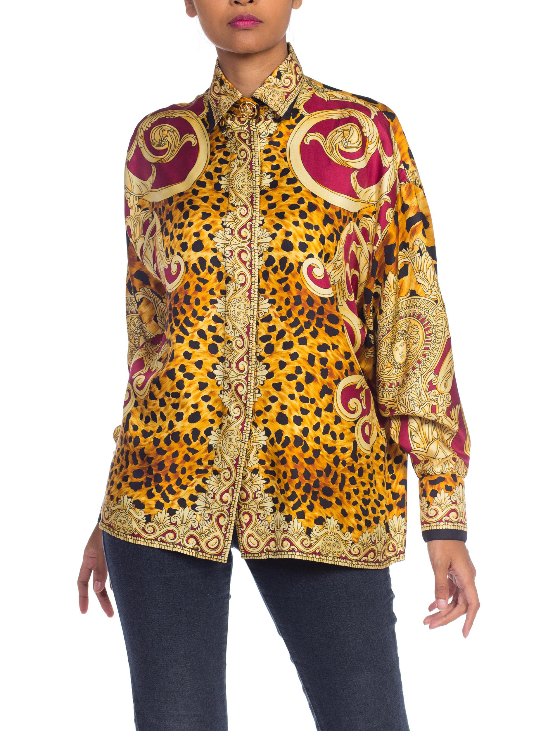 1990S GIANNI VERSACE Gold Baroque & Leopard Silk Shirt With Crystals Buttons In Excellent Condition In New York, NY