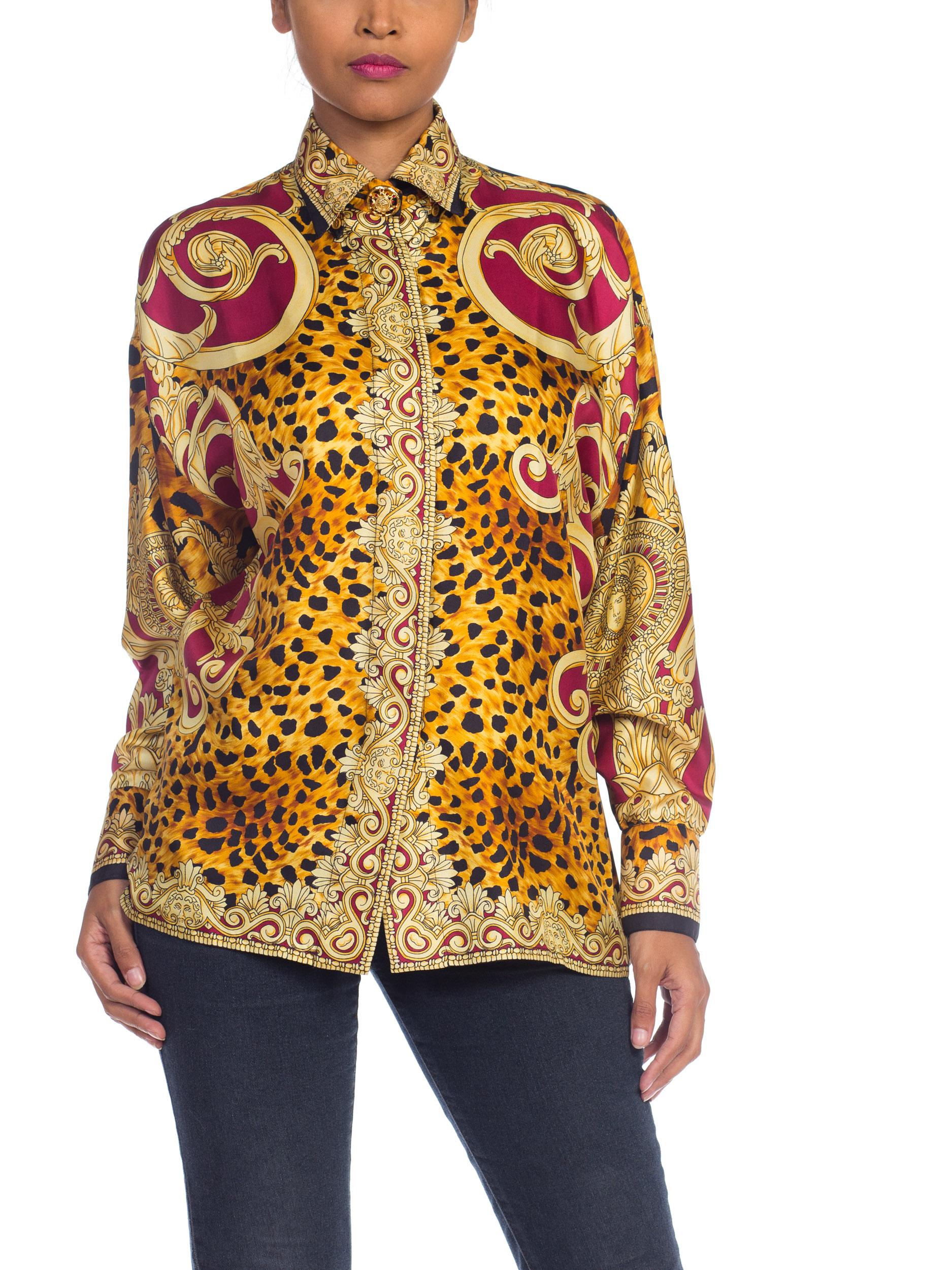 Women's 1990S GIANNI VERSACE Gold Baroque & Leopard Silk Shirt With Crystals Buttons