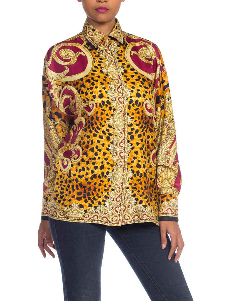 1990S GIANNI VERSACE Gold Baroque and Leopard Silk Shirt With Crystals