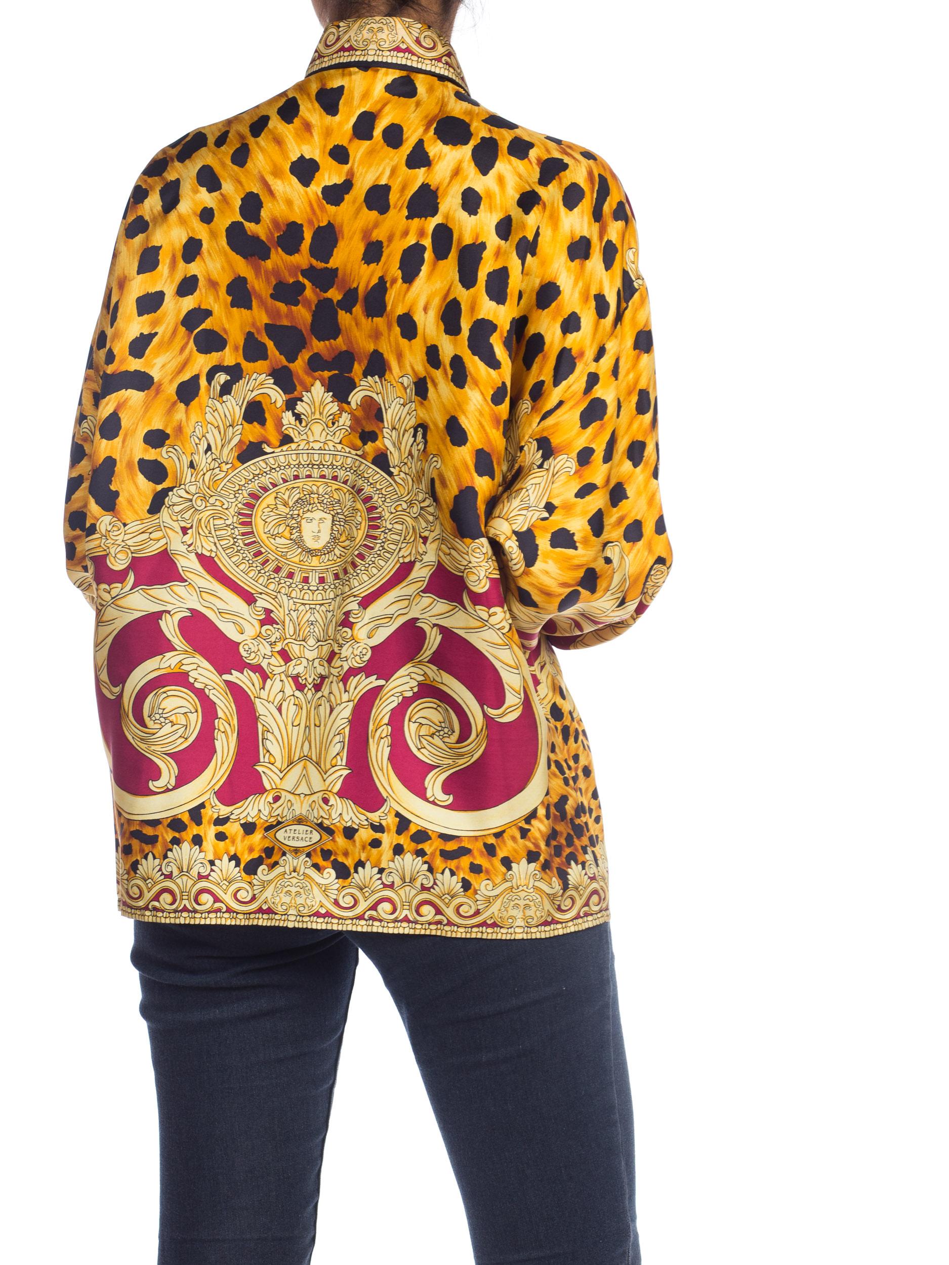 1990S GIANNI VERSACE Gold Baroque & Leopard Silk Shirt With Crystals Buttons 3