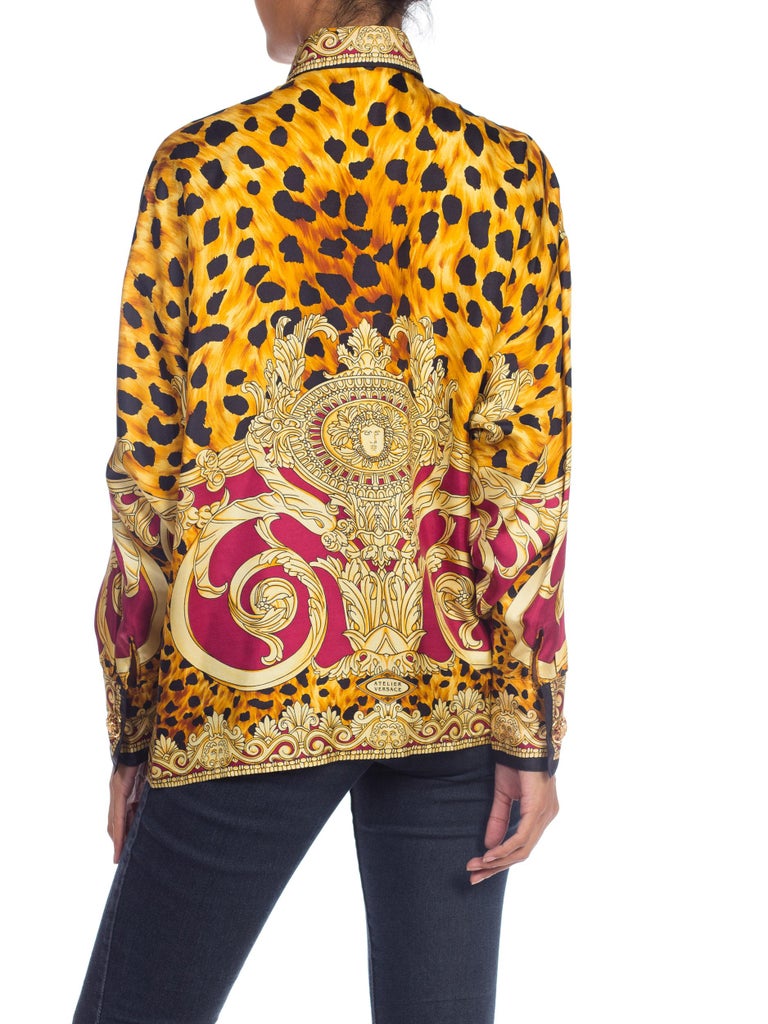1990S GIANNI VERSACE Gold Baroque and Leopard Silk Shirt With Crystals
