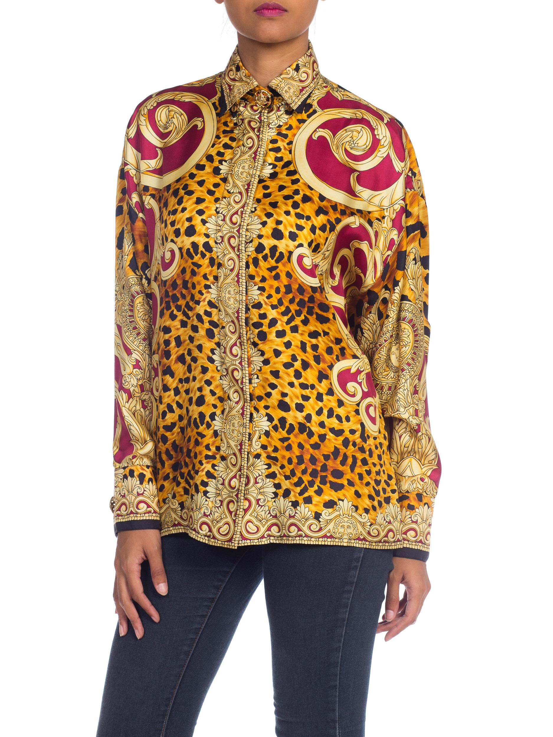 1990S GIANNI VERSACE Gold Baroque & Leopard Silk Shirt With Crystals Buttons 6