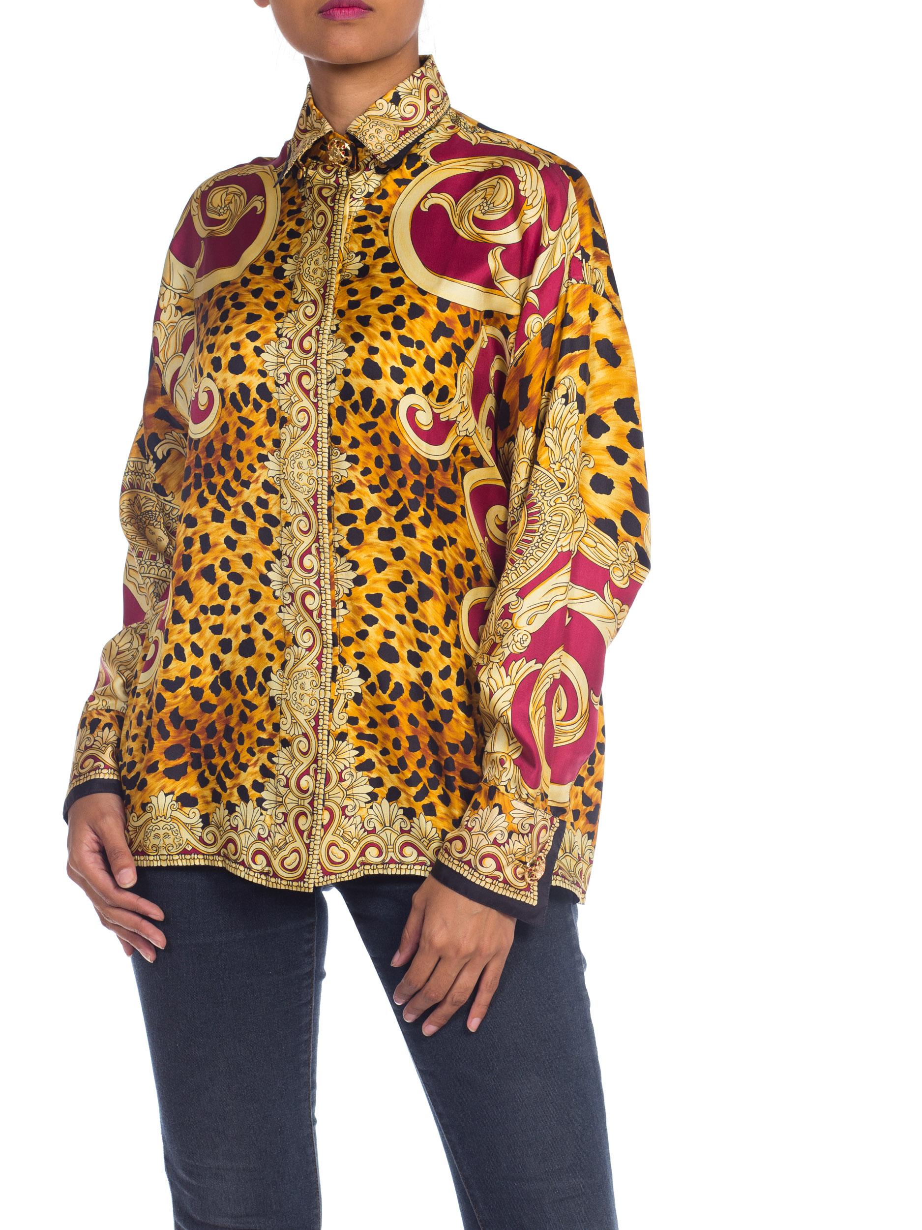 1990S GIANNI VERSACE Gold Baroque & Leopard Silk Shirt With Crystals Buttons 7