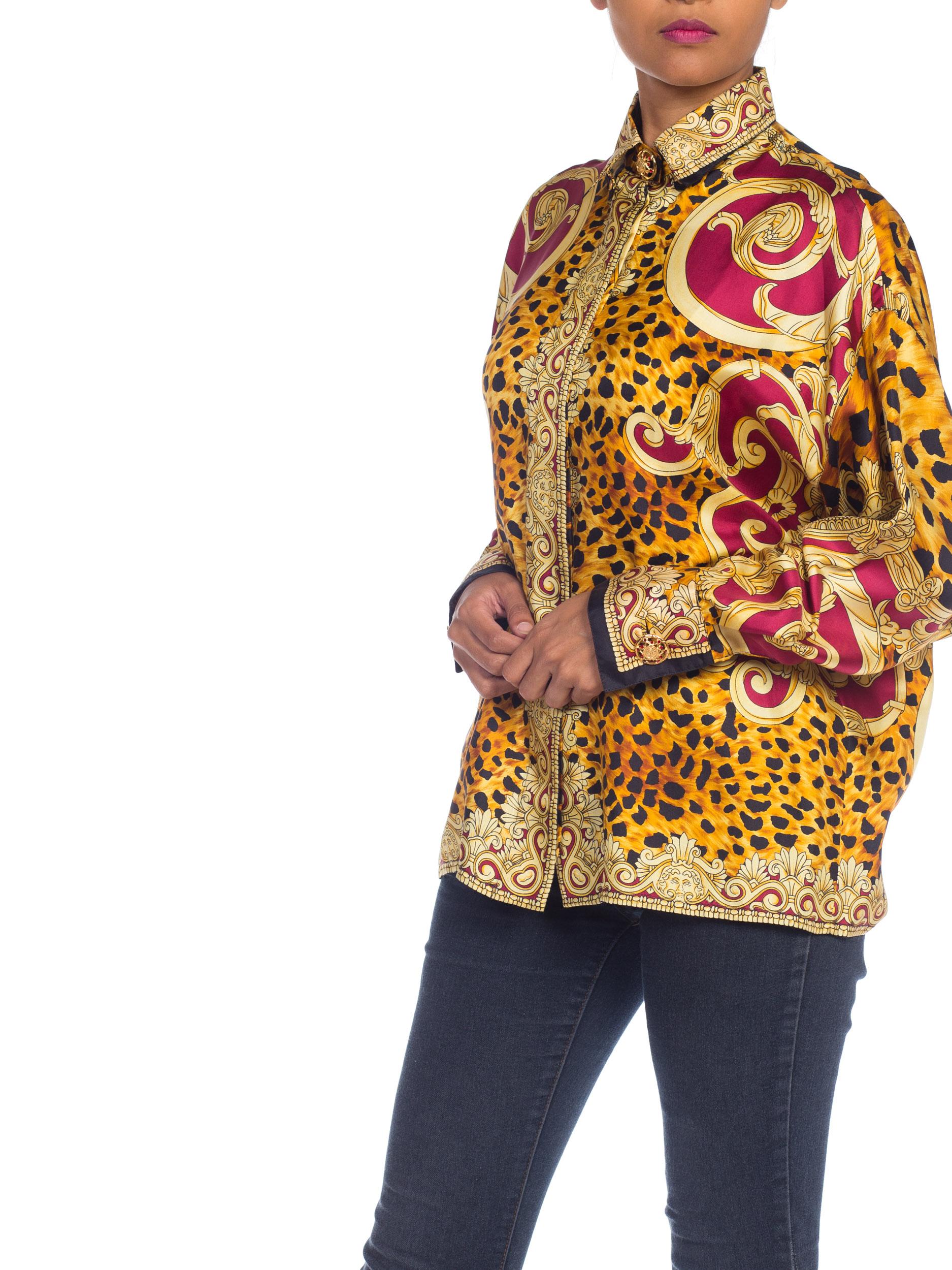 1990S GIANNI VERSACE Gold Baroque & Leopard Silk Shirt With Crystals Buttons 8