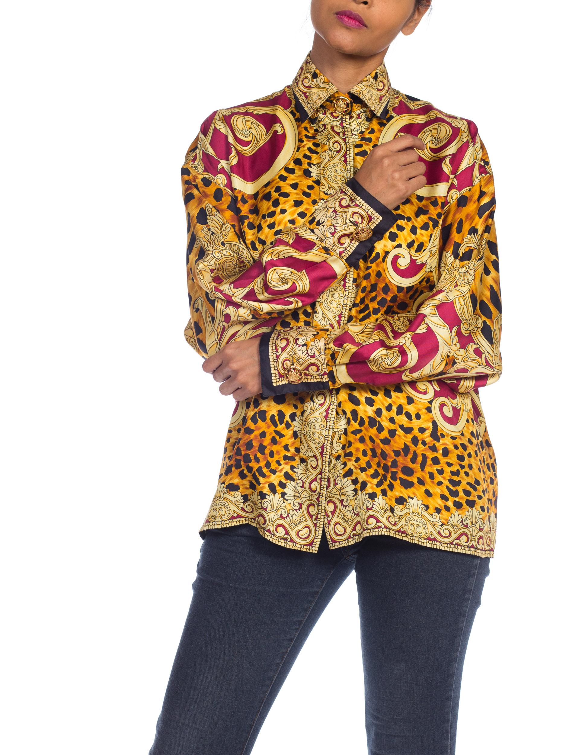 1990S GIANNI VERSACE Gold Baroque & Leopard Silk Shirt With Crystals Buttons 9