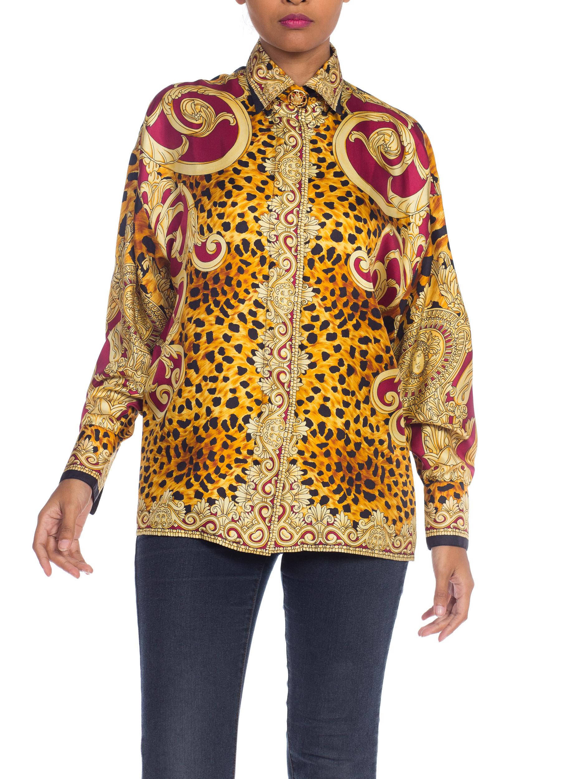 1990S GIANNI VERSACE Gold Baroque & Leopard Silk Shirt With Crystals Buttons 12
