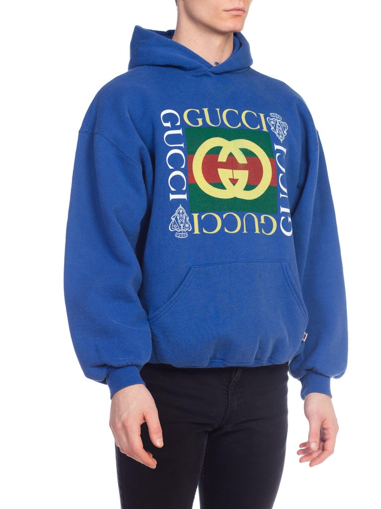 Bootleg Vintage 1980s Blue Gucci Hoodie Sweatshirt at 1stDibs