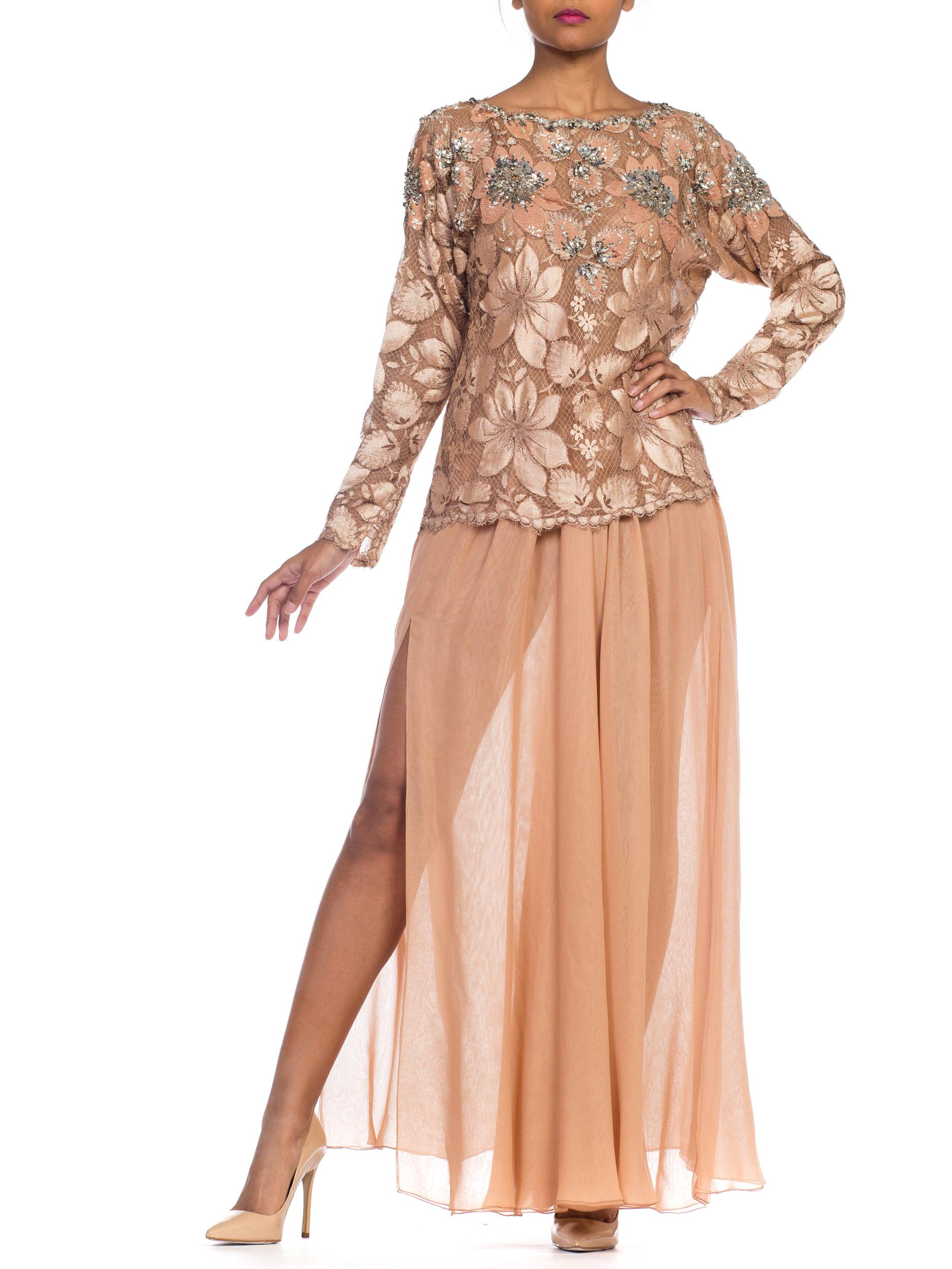 Beige 1980S GALANOS Blush Pink Silk Crystal & Sequin Beaded Lace Blouse With Chiffon For Sale