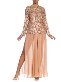 1980S GALANOS Blush Pink Silk Crystal & Sequin Beaded Lace Blouse With Chiffon