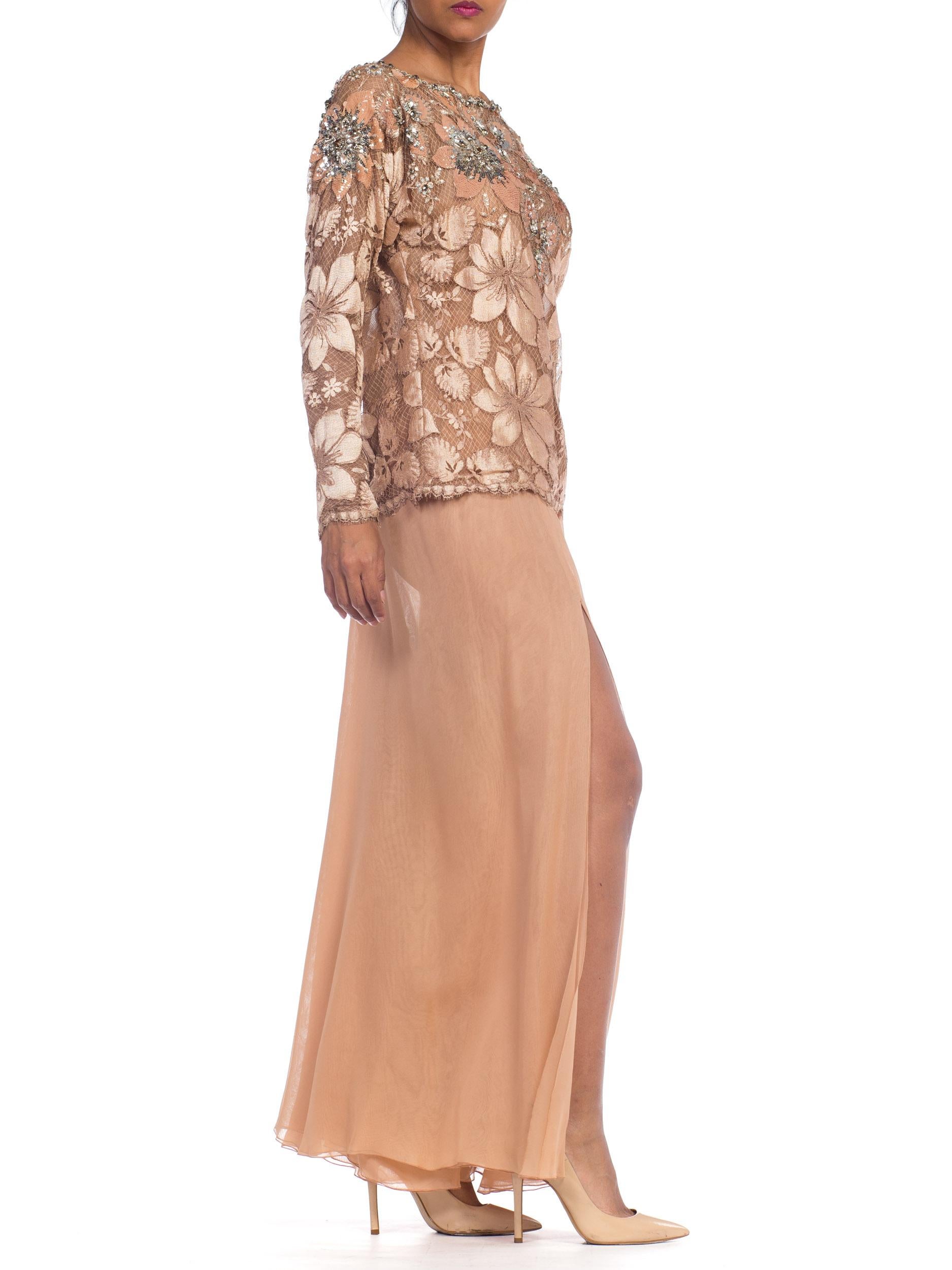 1980S GALANOS Blush Pink Silk Crystal & Sequin Beaded Lace Blouse With Chiffon In Excellent Condition For Sale In New York, NY