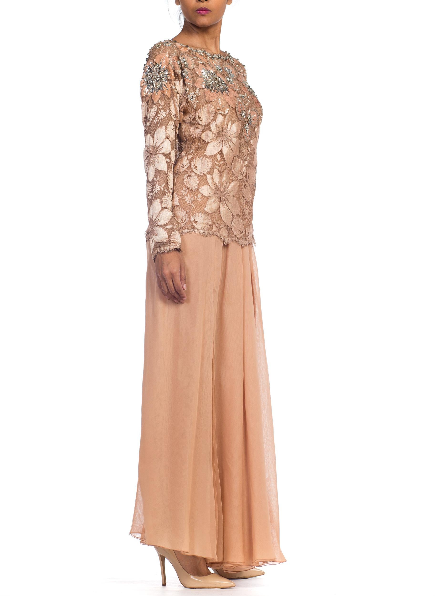 Women's 1980S GALANOS Blush Pink Silk Crystal & Sequin Beaded Lace Blouse With Chiffon For Sale