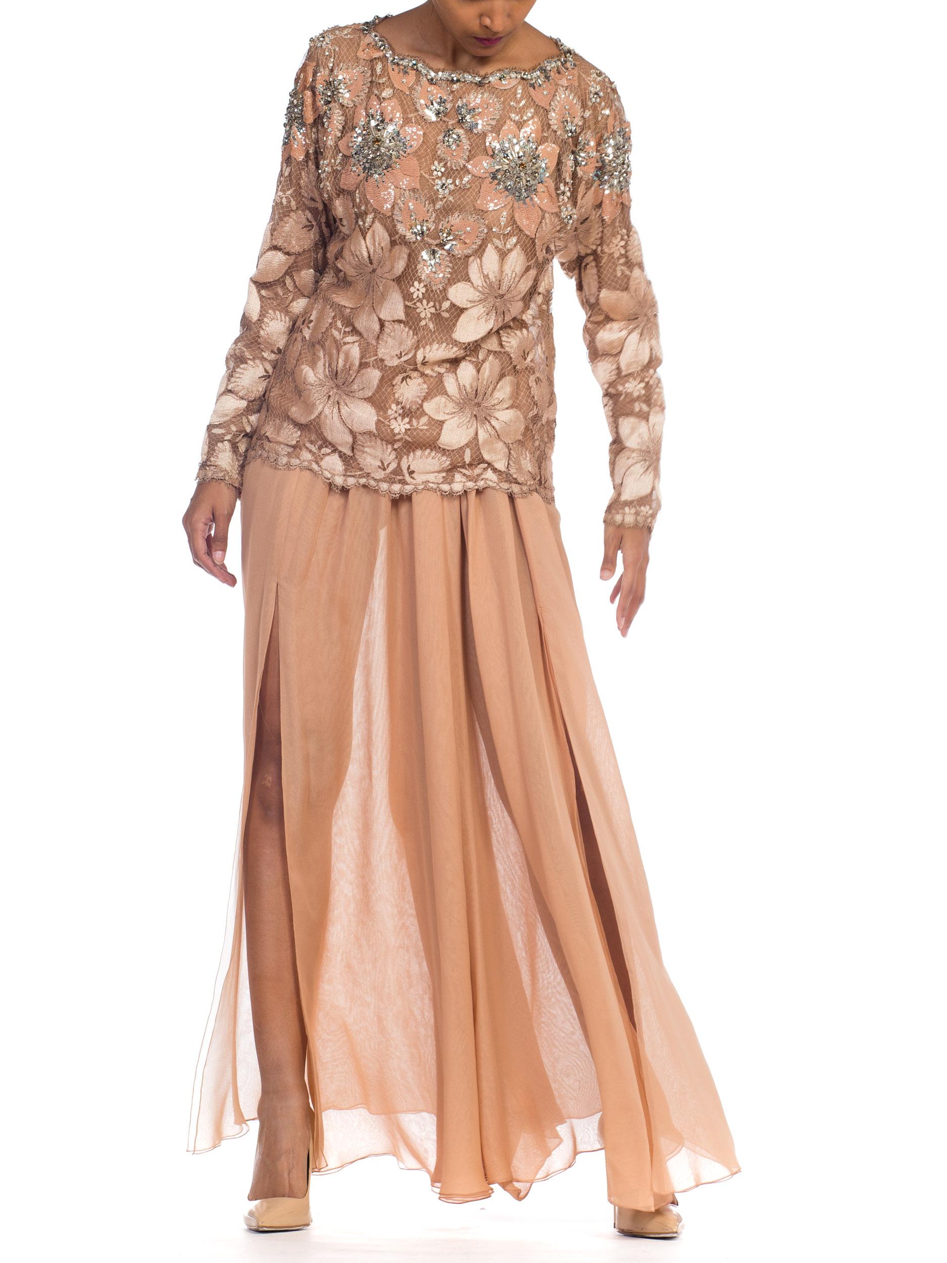 1980S GALANOS Blush Pink Silk Crystal & Sequin Beaded Lace Blouse With Chiffon For Sale 1