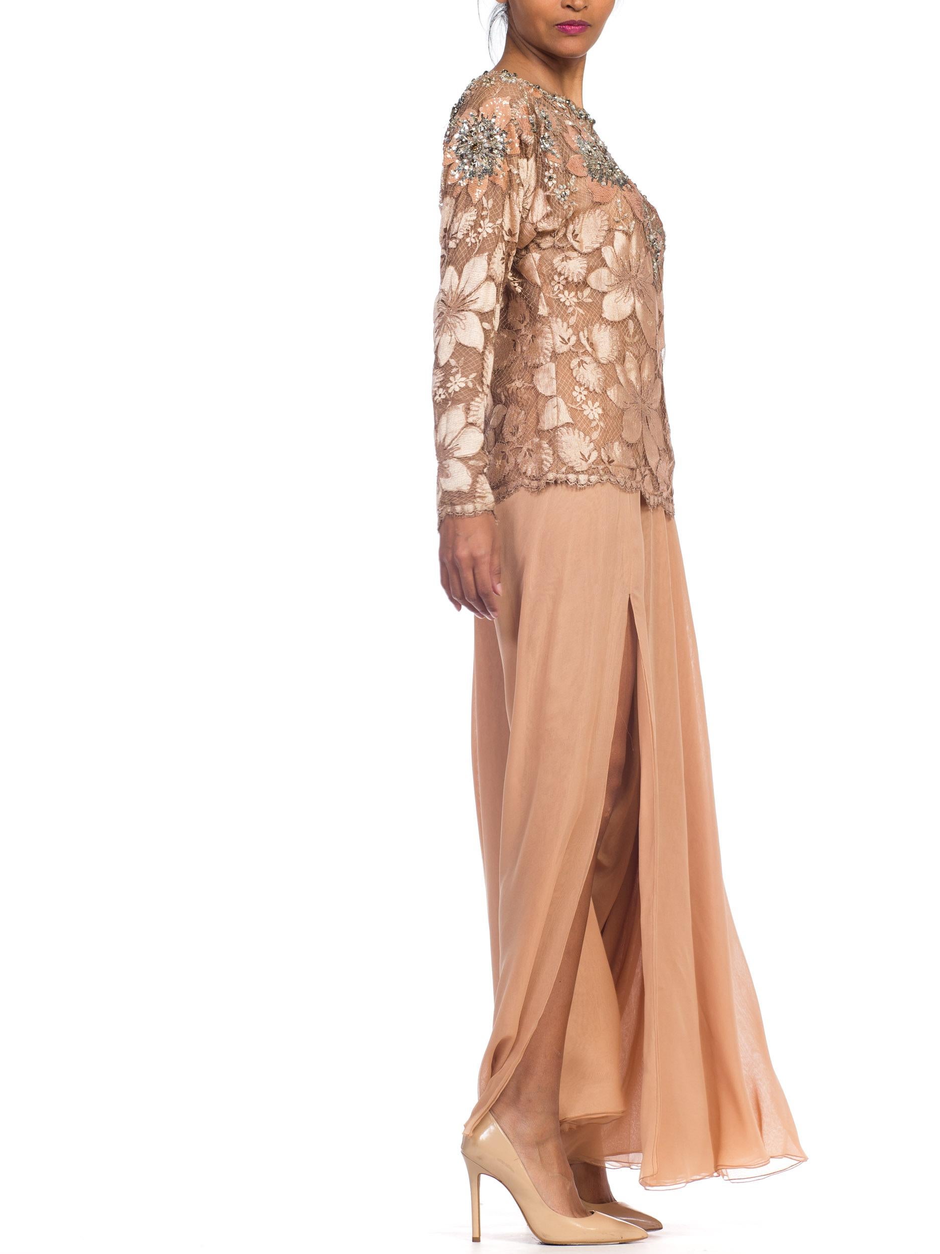 1980S GALANOS Blush Pink Silk Crystal & Sequin Beaded Lace Blouse With Chiffon For Sale 2
