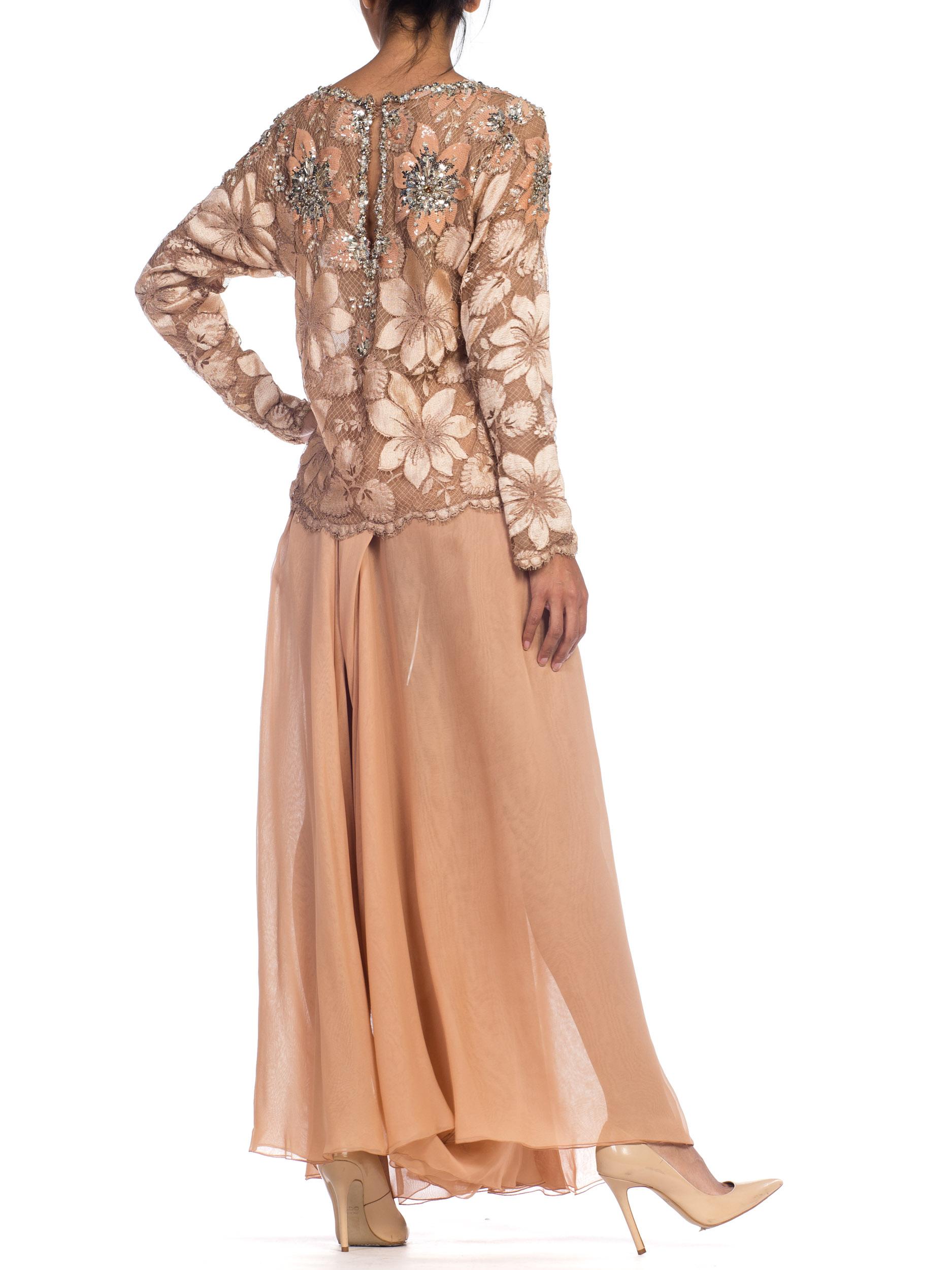 1980S GALANOS Blush Pink Silk Crystal & Sequin Beaded Lace Blouse With Chiffon For Sale 3