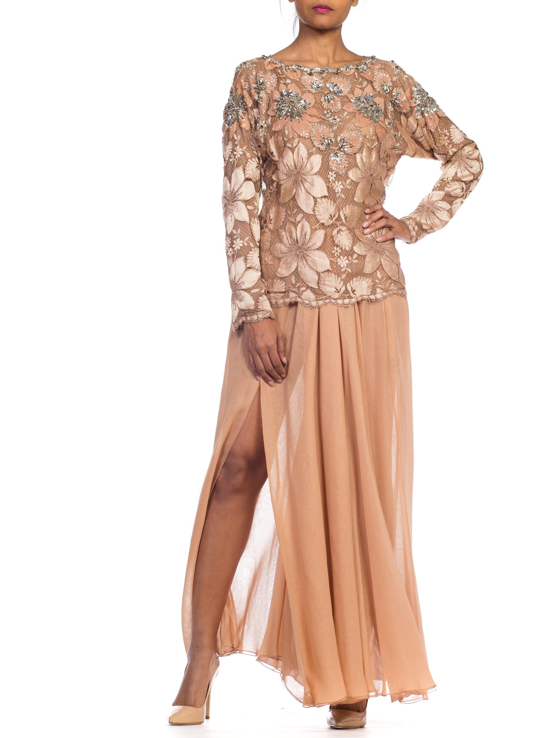 1980S GALANOS Blush Pink Silk Crystal & Sequin Beaded Lace Blouse With Chiffon For Sale 5