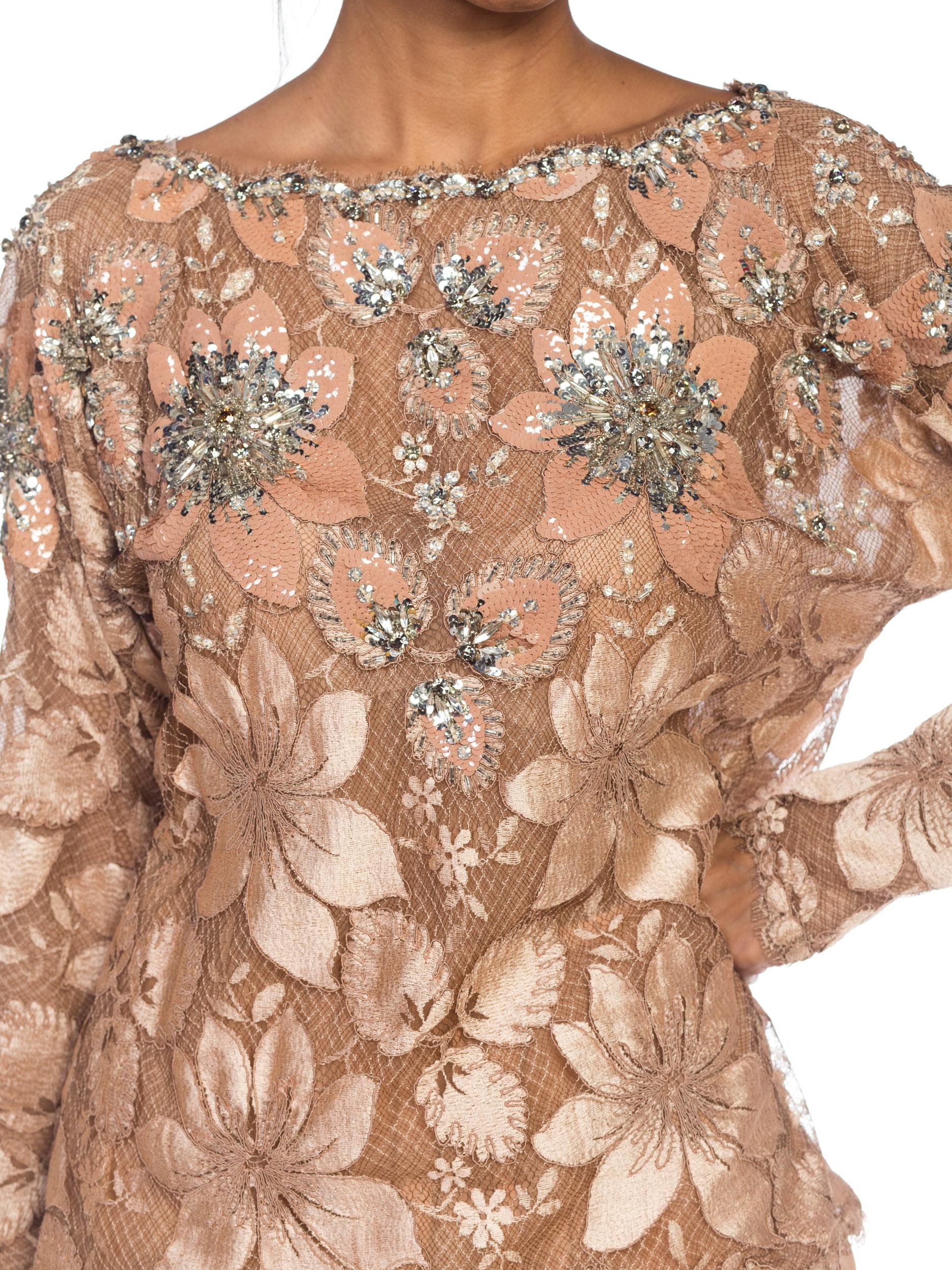 1980S GALANOS Blush Pink Silk Crystal & Sequin Beaded Lace Blouse With Chiffon  For Sale 7