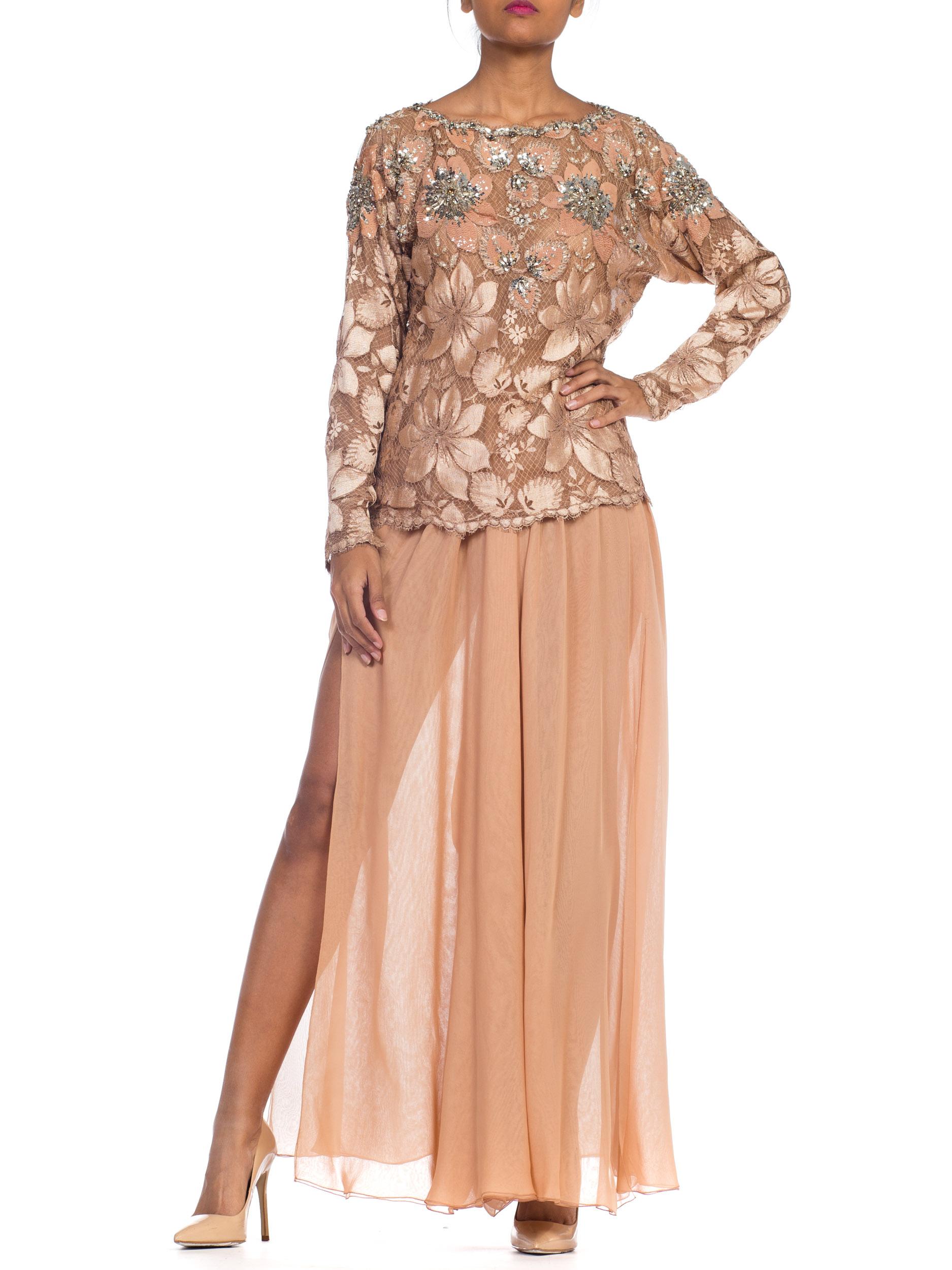 1980S GALANOS Blush Pink Silk Crystal & Sequin Beaded Lace Blouse With Chiffon For Sale 10